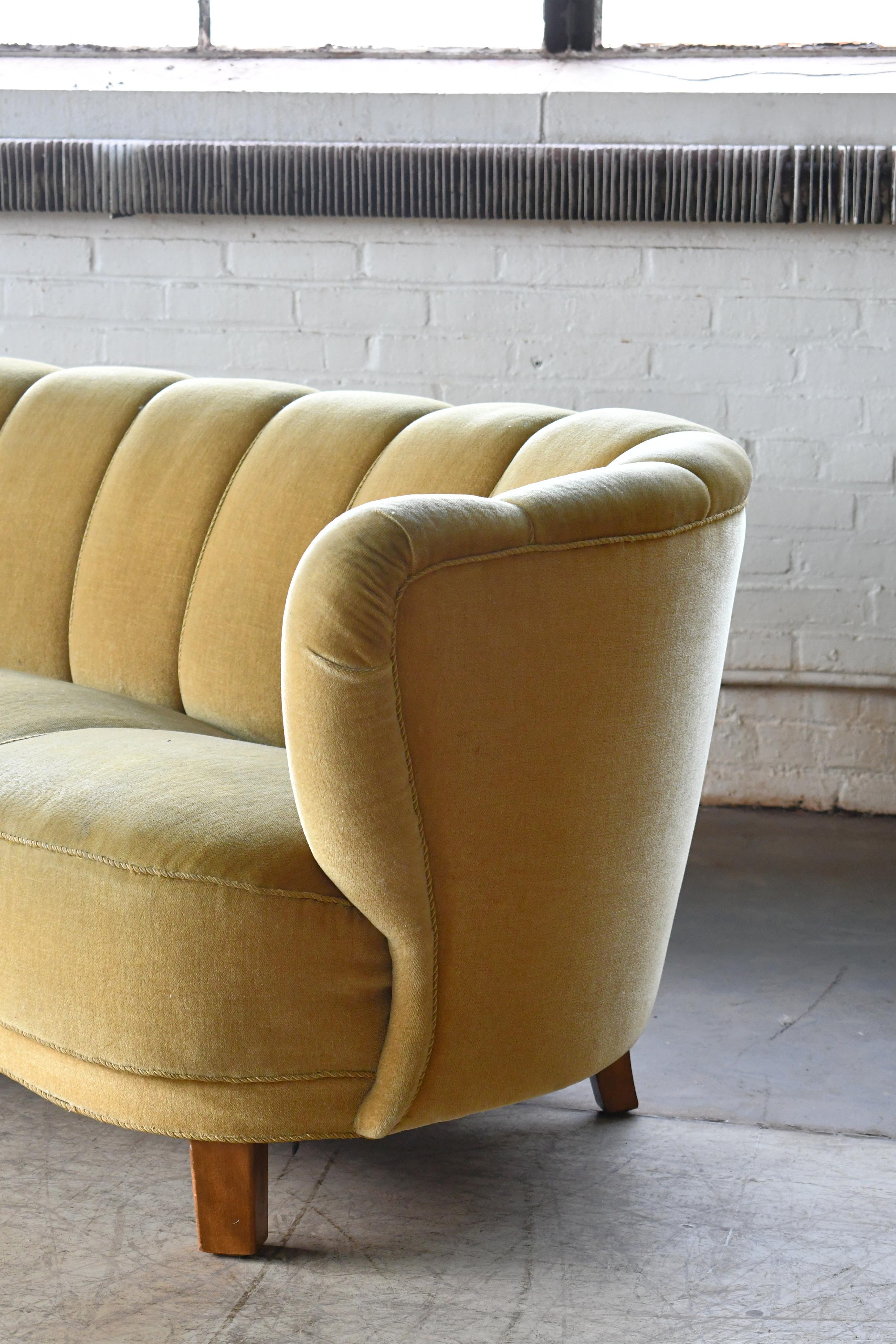 Mid-Century Modern Danish Banana Form Curved Sofa in Original Golden Green Mohair, 1940s