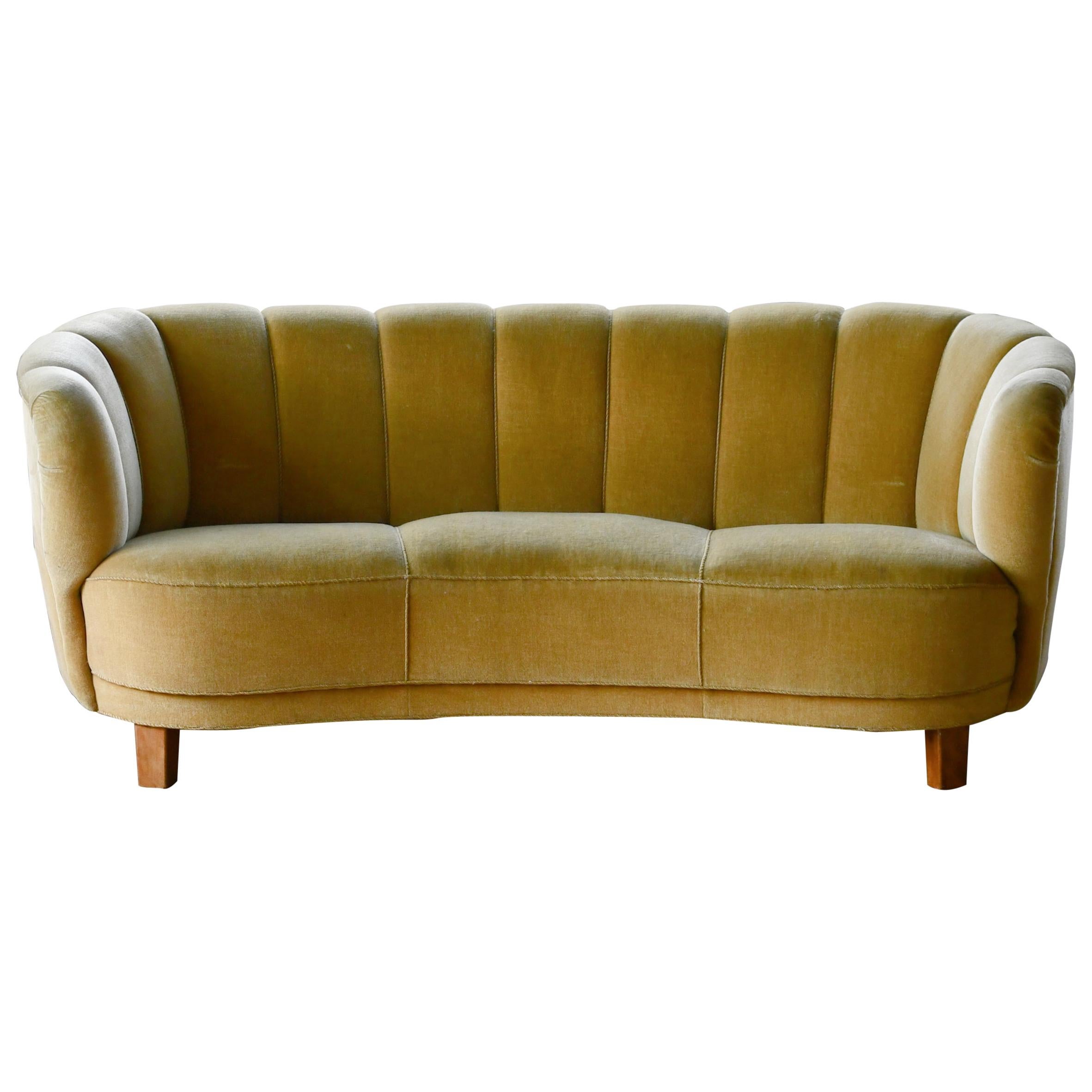 Danish Banana Form Curved Sofa in Original Golden Green Mohair, 1940s