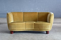 Danish Banana Form Curved Sofa in Original Green Mohair, 1940s