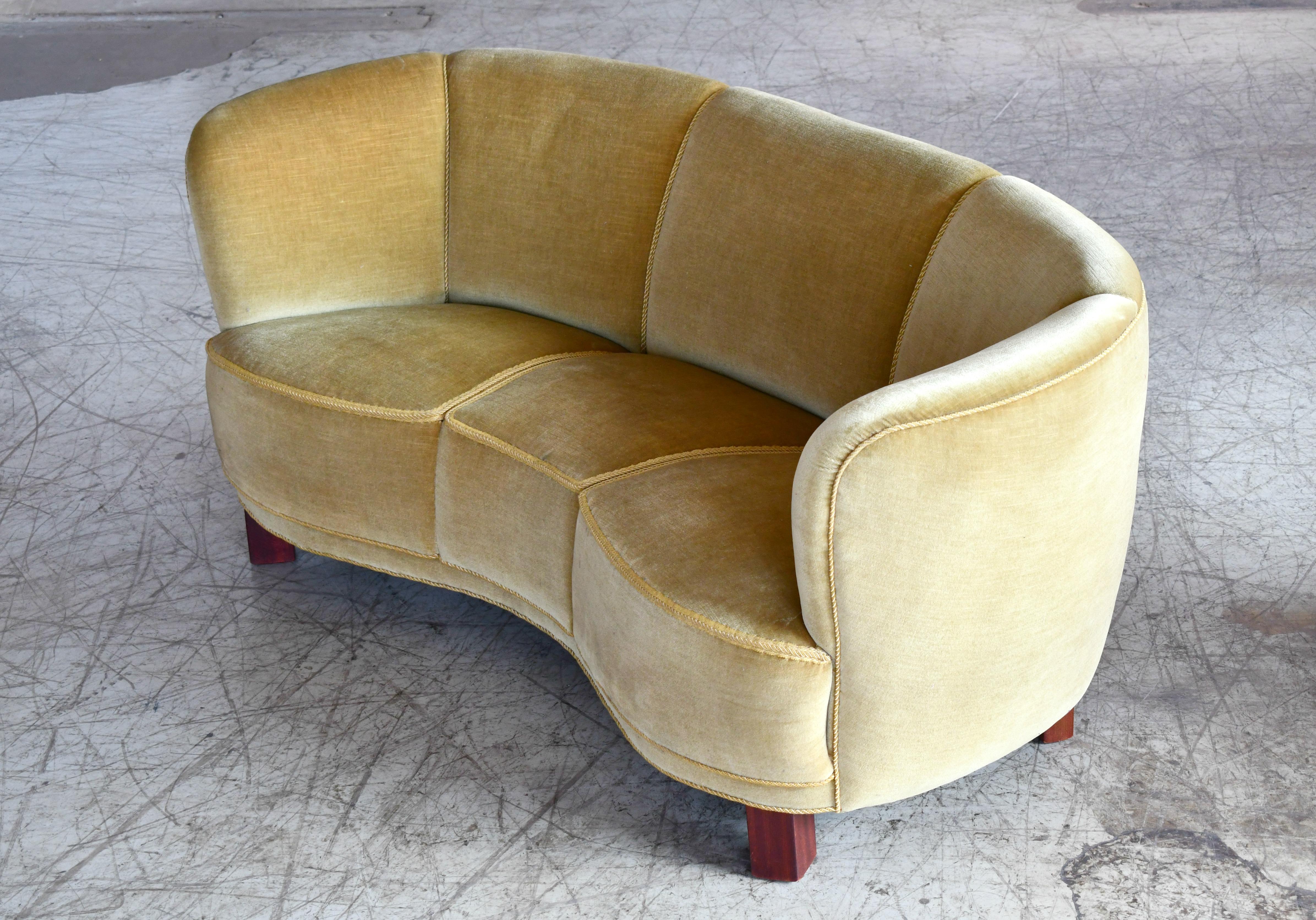 Mid-Century Modern Danish Banana Form Curved Sofa in Original Green Mohair, 1940s