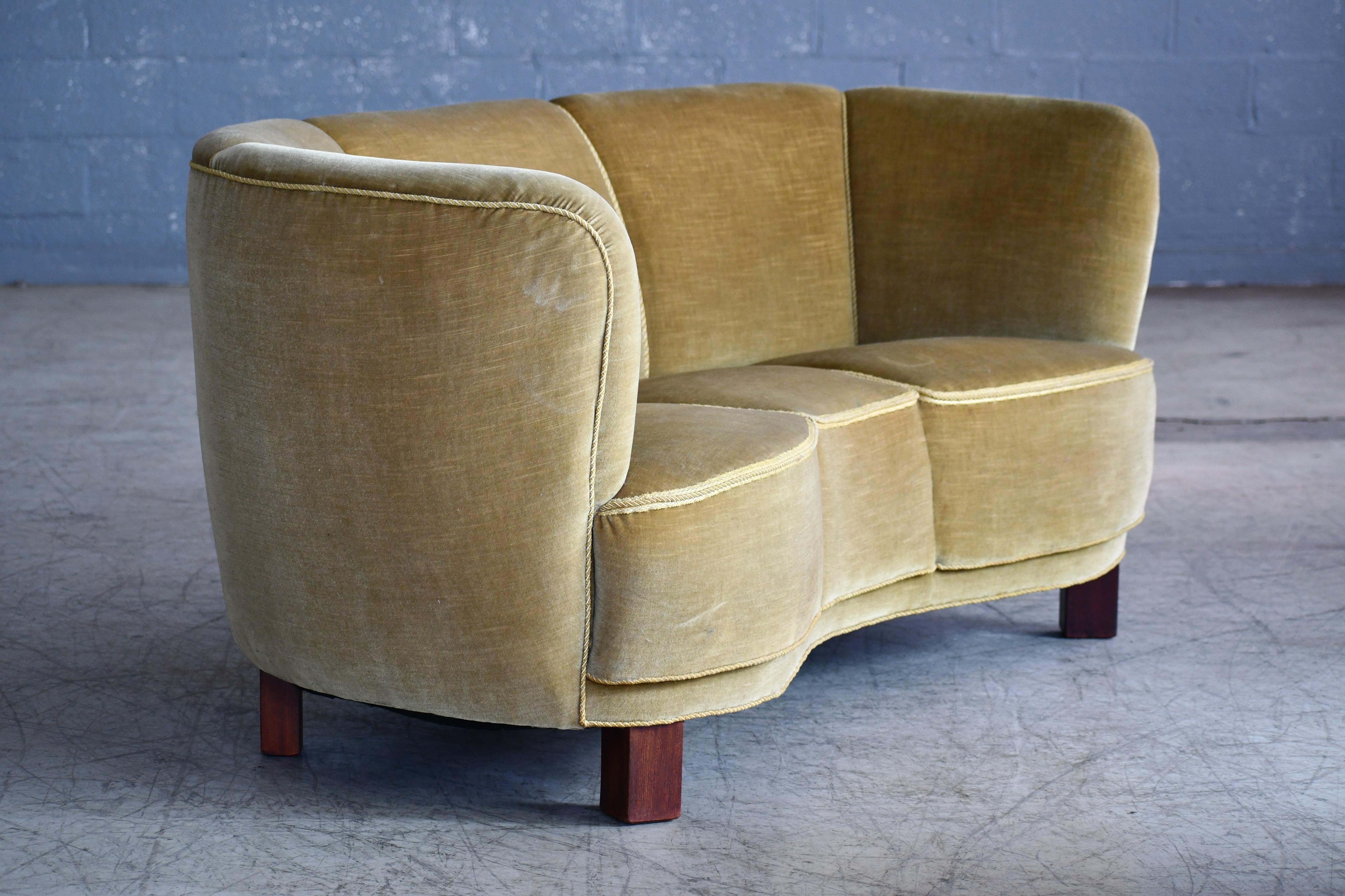 Mid-20th Century Danish Banana Form Curved Sofa in Original Green Mohair, 1940s
