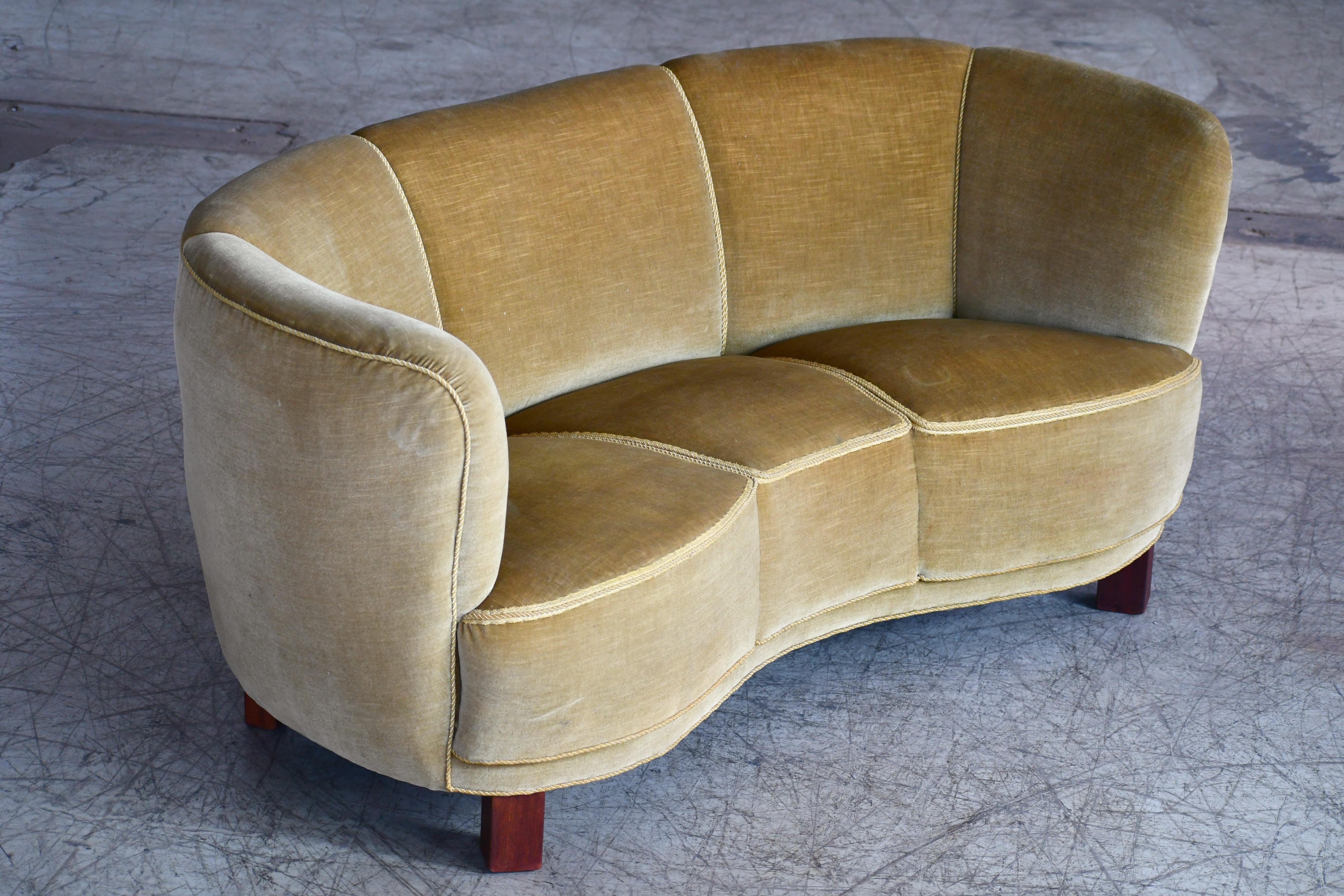 Wool Danish Banana Form Curved Sofa in Original Green Mohair, 1940s