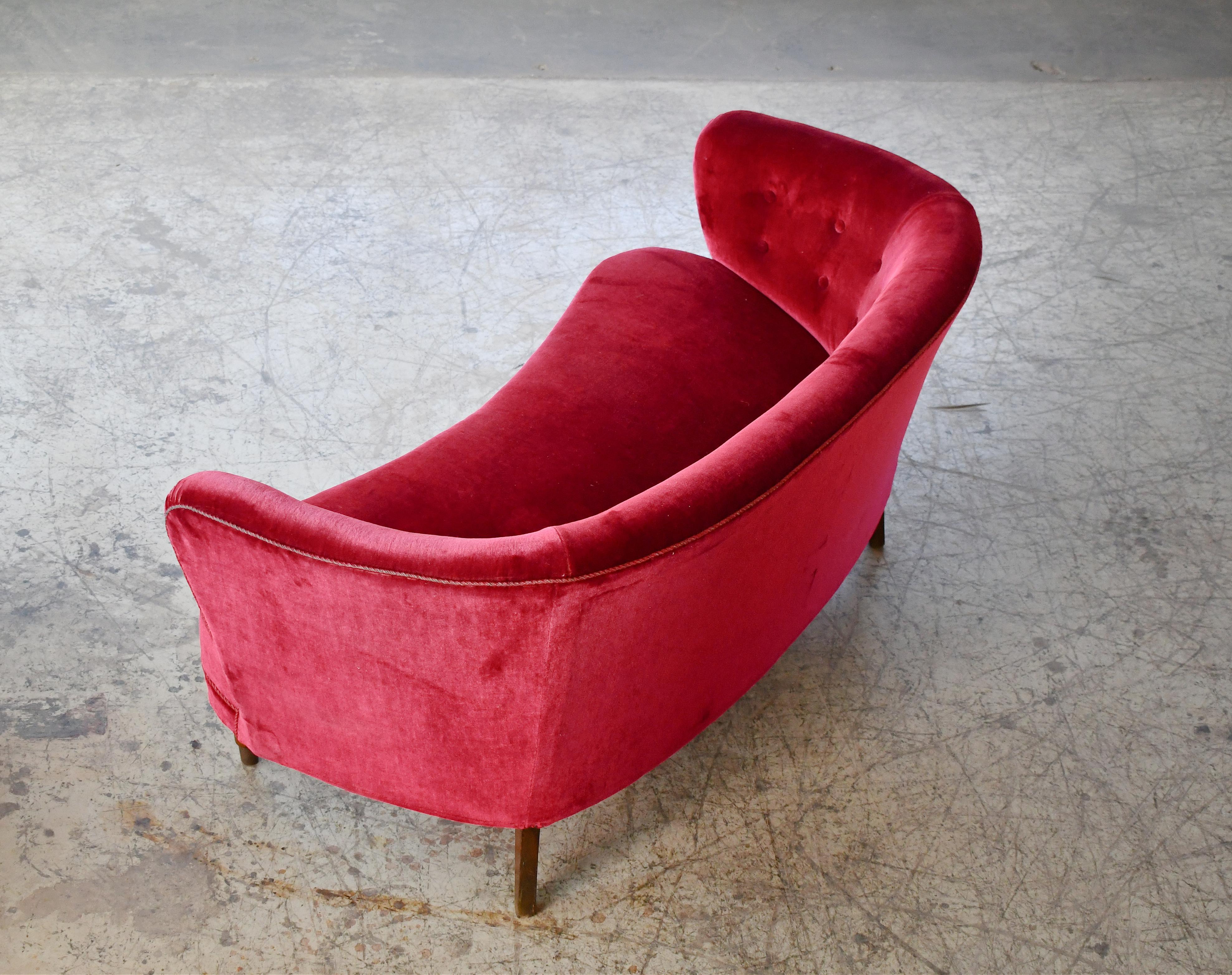 Mid-20th Century Danish Banana Form Curved Sofa or Loveseat Early 1950s For Sale