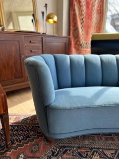 Mid-Century Danish Banana Sofa, Blue Wool, Circa 1940, Comfortable