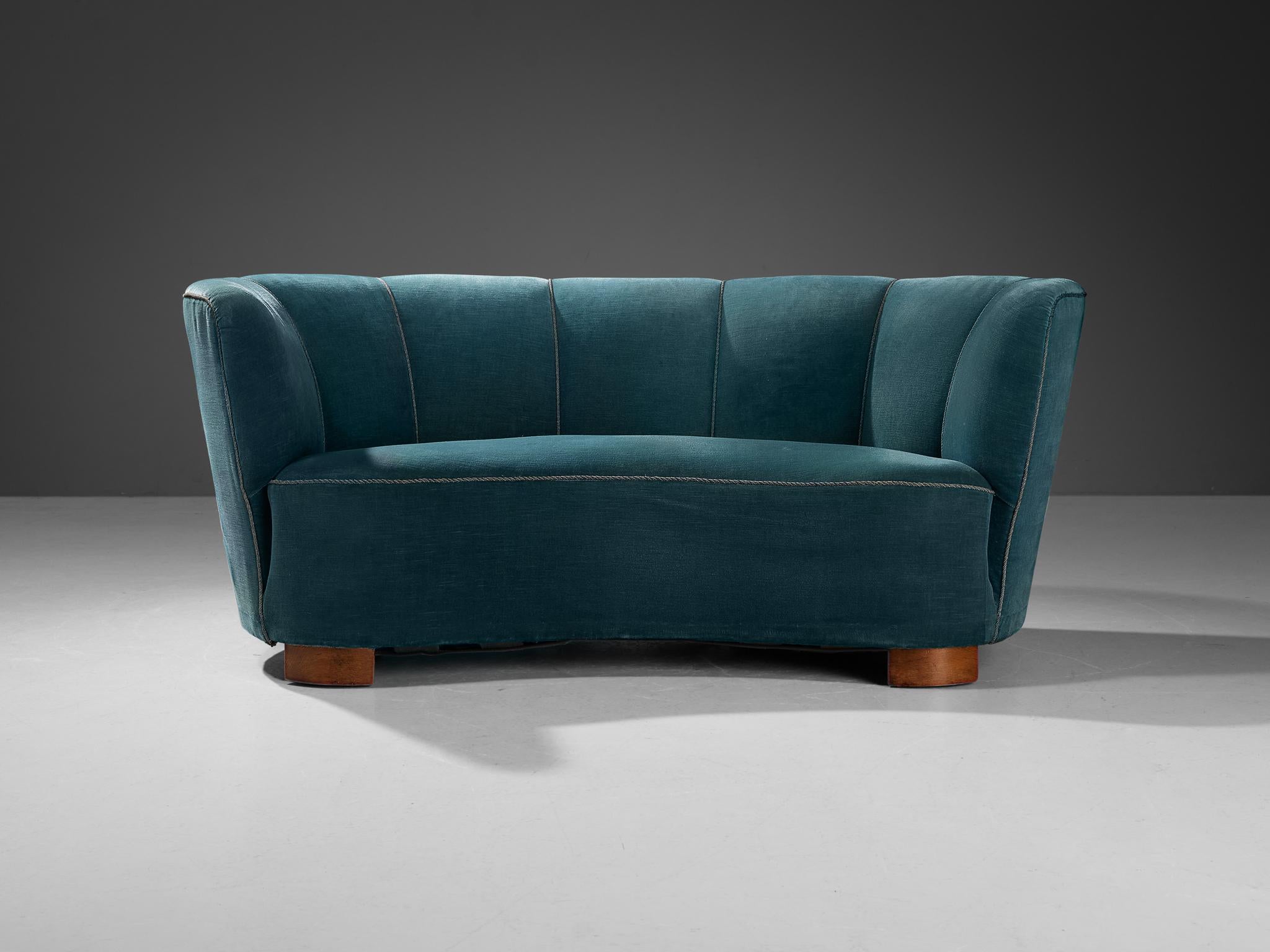Scandinavian Modern Danish Banana Sofa in Blue Velvet Upholstery For Sale
