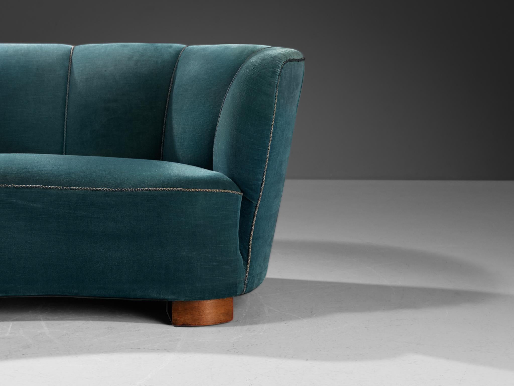 Mid-20th Century Danish Banana Sofa in Blue Velvet Upholstery For Sale