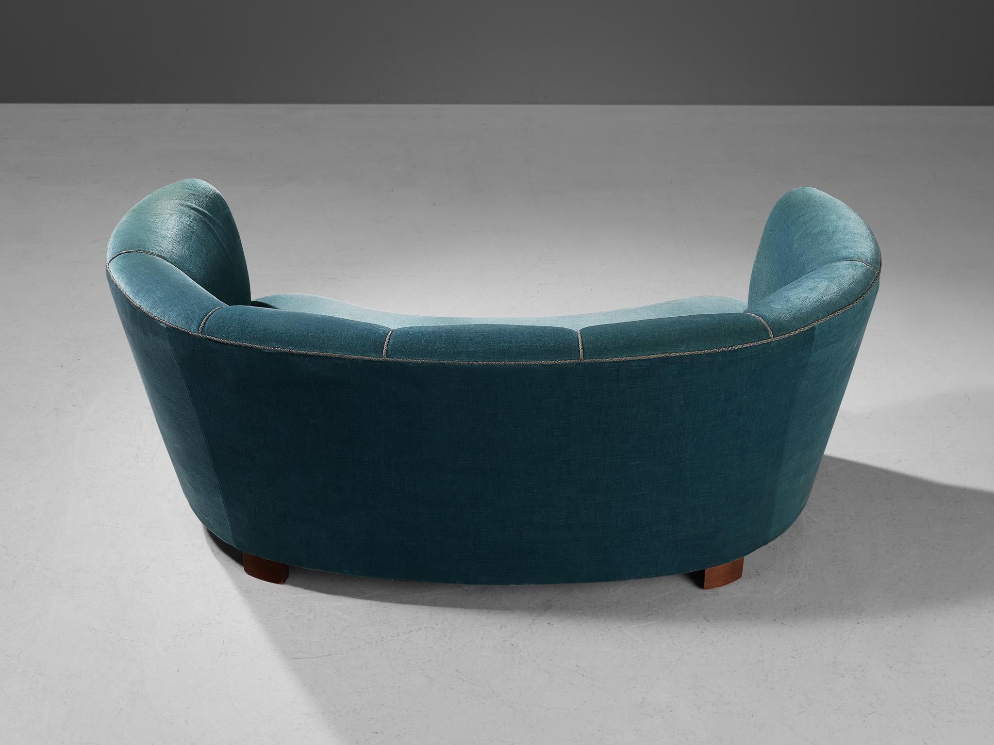 Danish Banana Sofa in Blue Velvet Upholstery For Sale 1