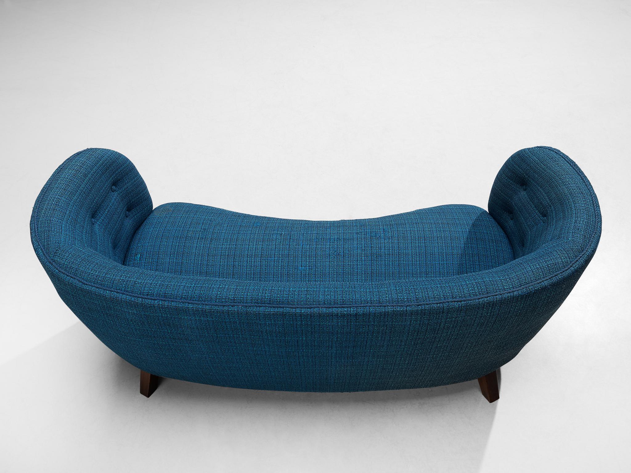 Mid-20th Century Danish Banana Sofa in Bright Blue Tufted Upholstery For Sale