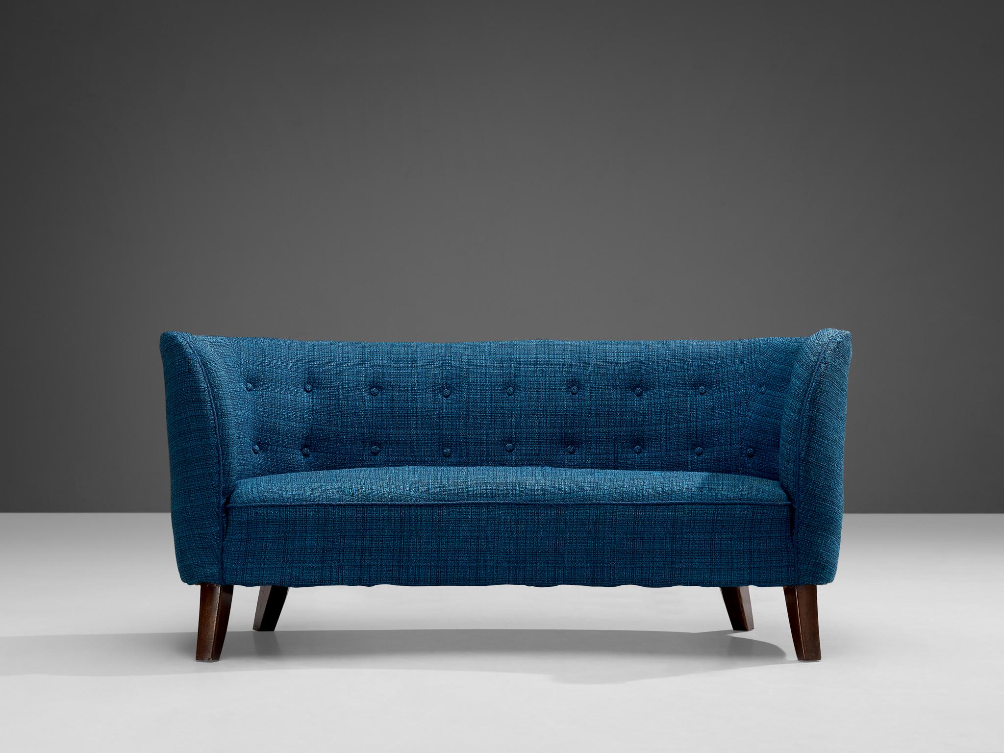 Danish Banana Sofa in Bright Blue Tufted Upholstery For Sale 1
