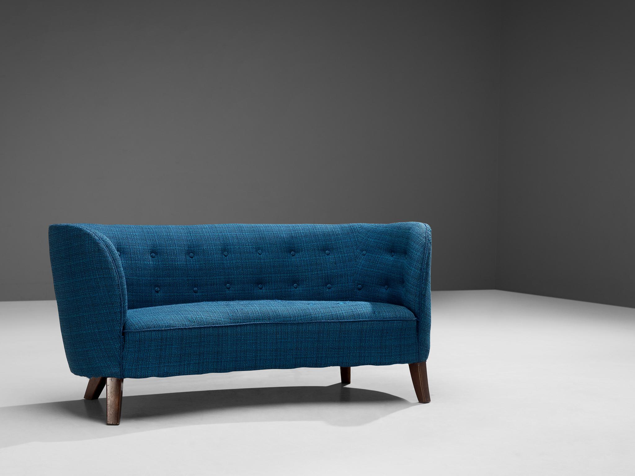Danish Banana Sofa in Bright Blue Tufted Upholstery For Sale 2