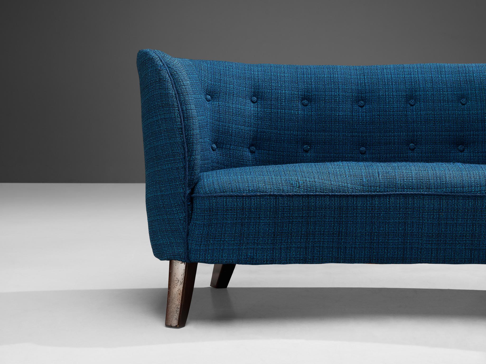 Danish Banana Sofa in Bright Blue Tufted Upholstery For Sale 3