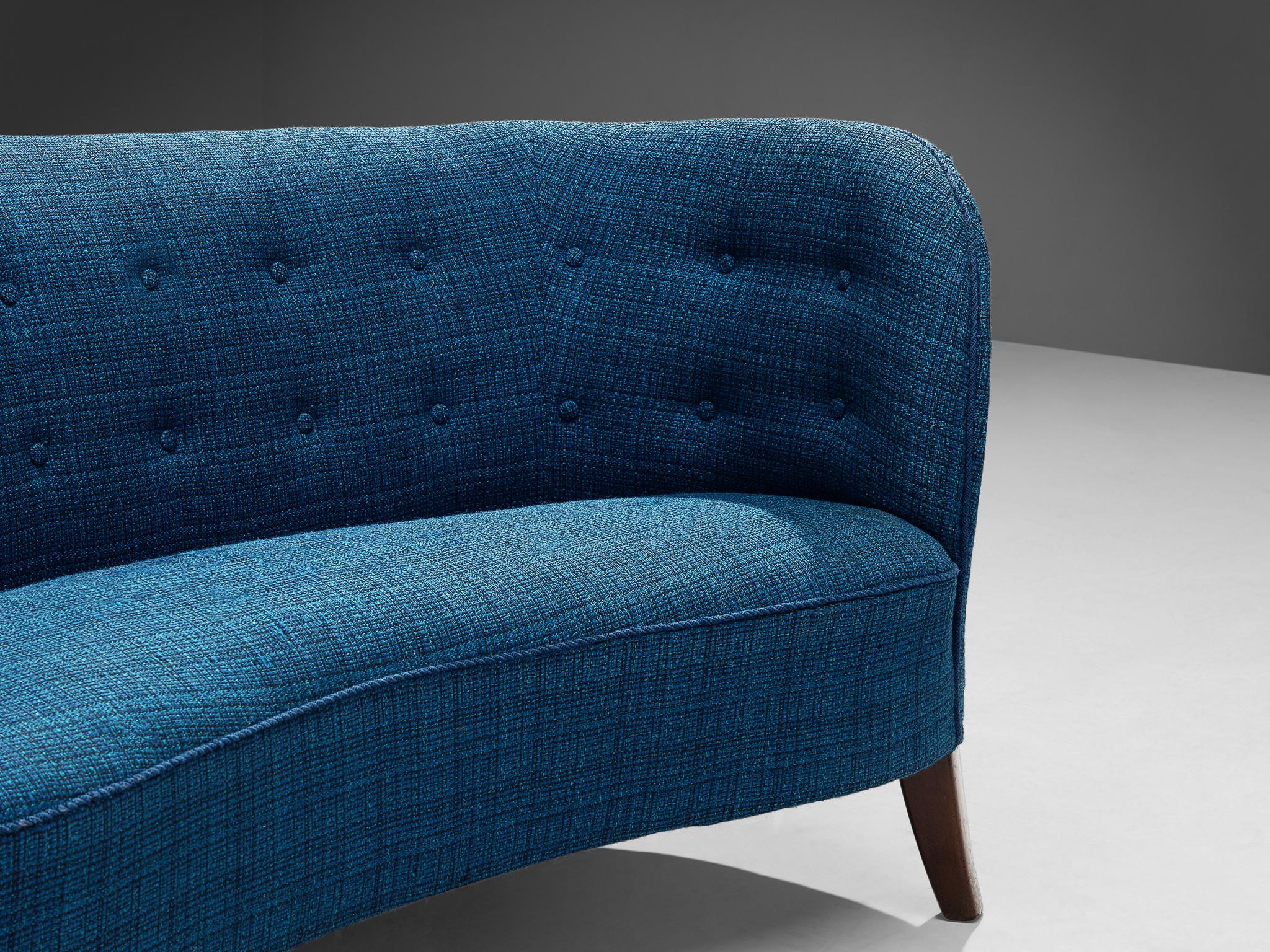 Danish Banana Sofa in Bright Blue Tufted Upholstery For Sale 4