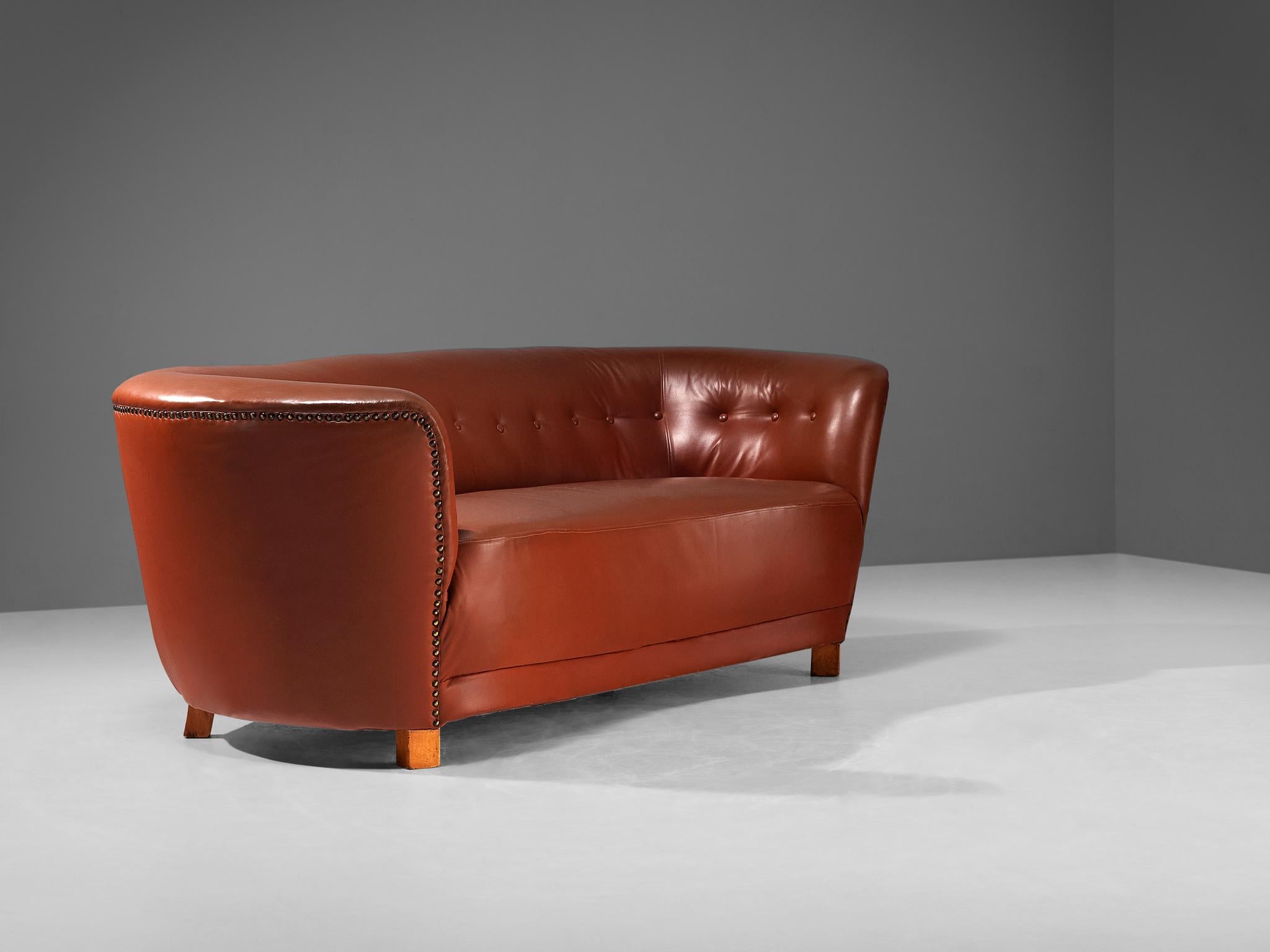 Danish Banana Sofa in Cognac Brown Leather  In Good Condition For Sale In Waalwijk, NL