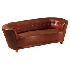 Vintage Danish Banana Sofa in Cognac Brown Leather 