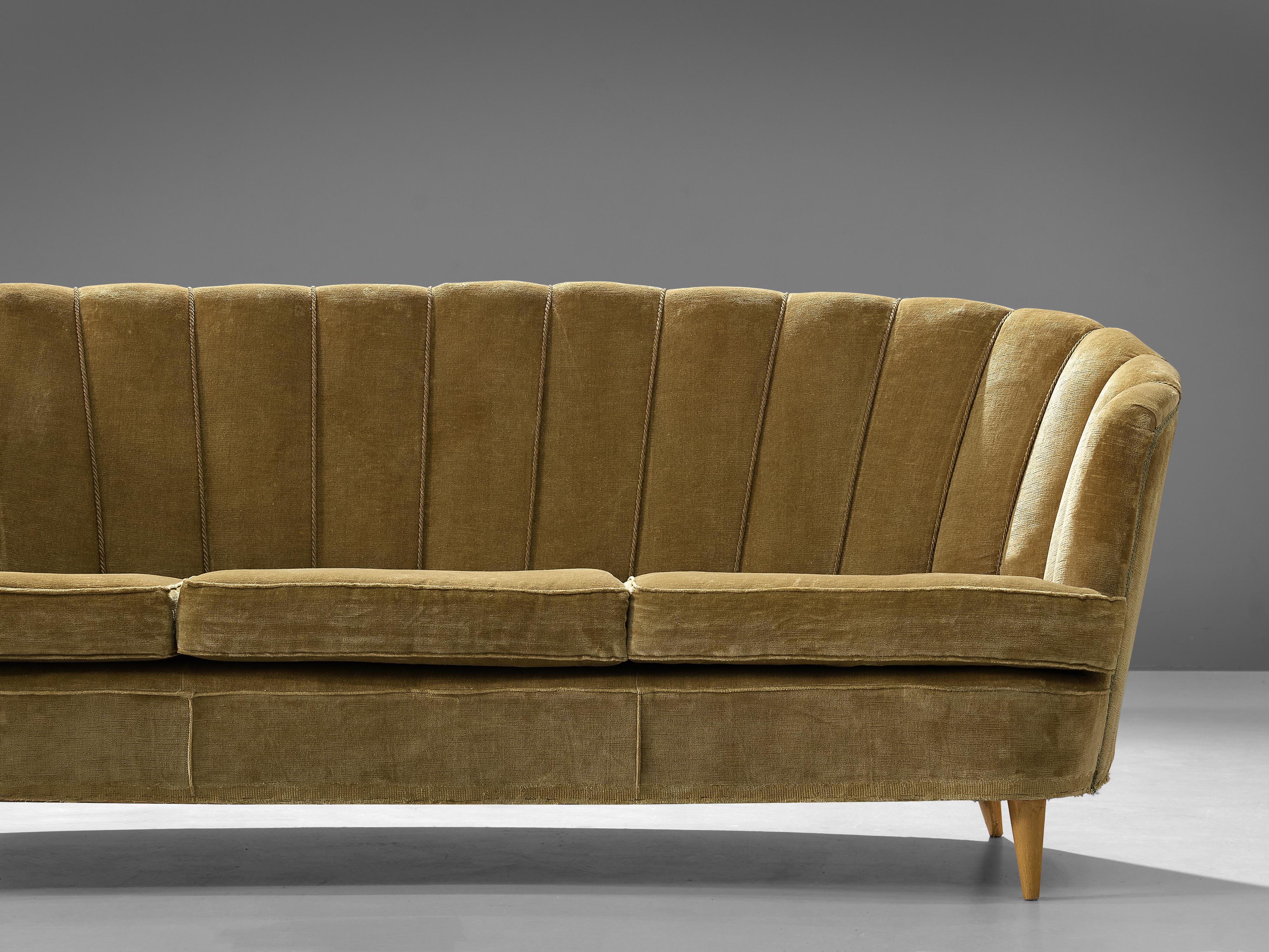 Scandinavian Modern Danish Banana Sofa in Gold Green Velvet Upholstery