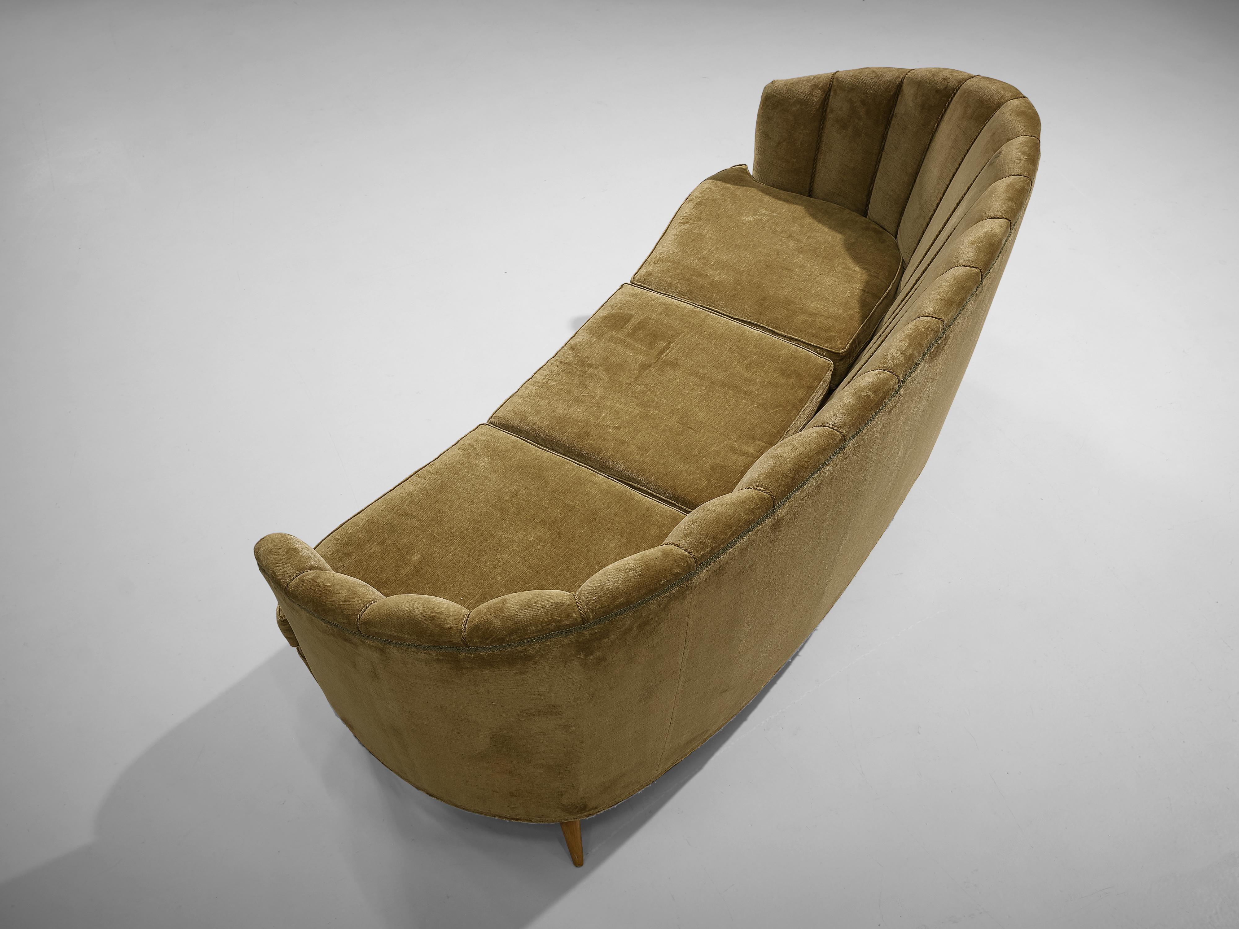 Mid-20th Century Danish Banana Sofa in Gold Green Velvet Upholstery