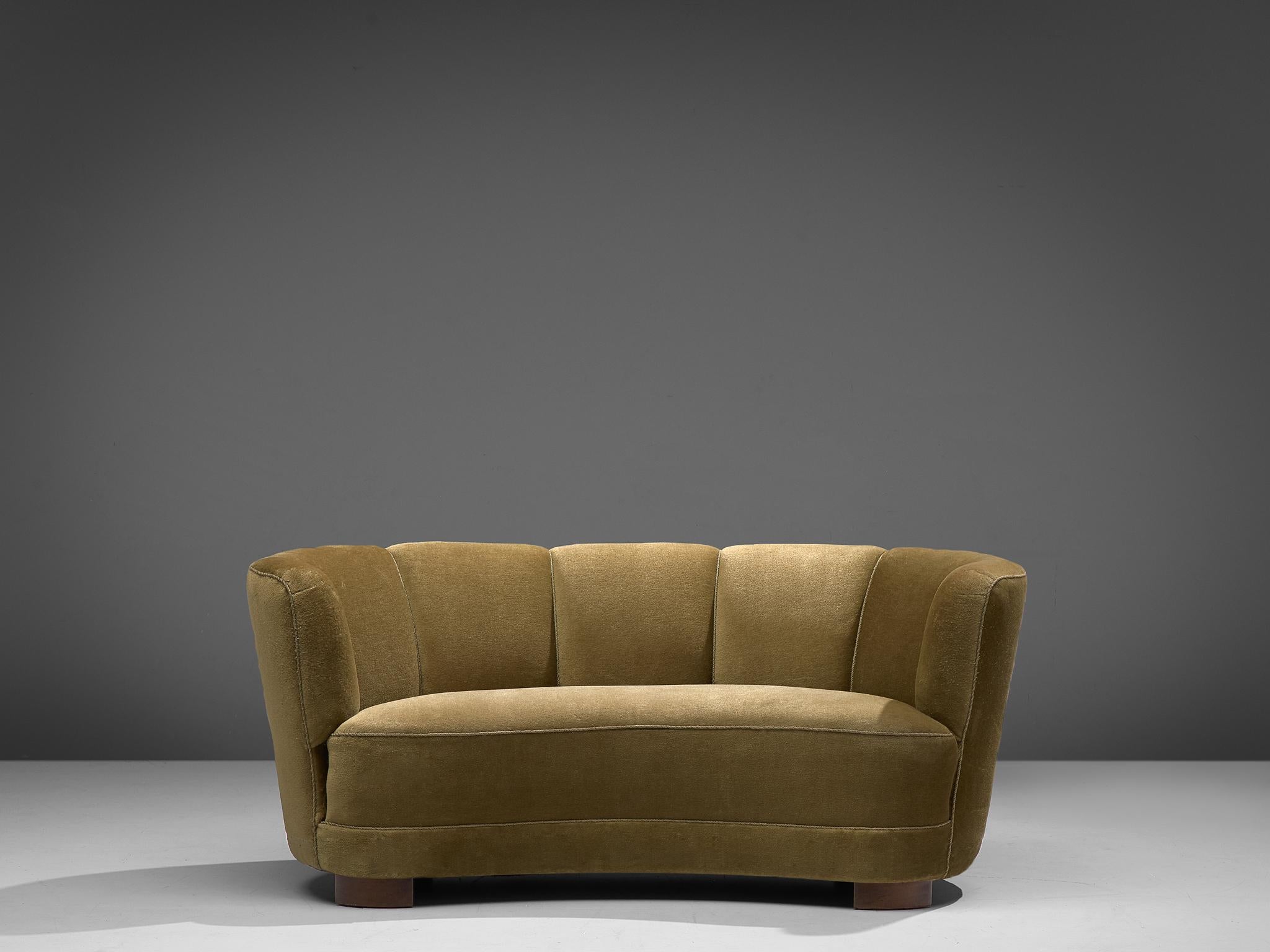 Art Deco Danish Banana Sofa in Green Upholstery For Sale