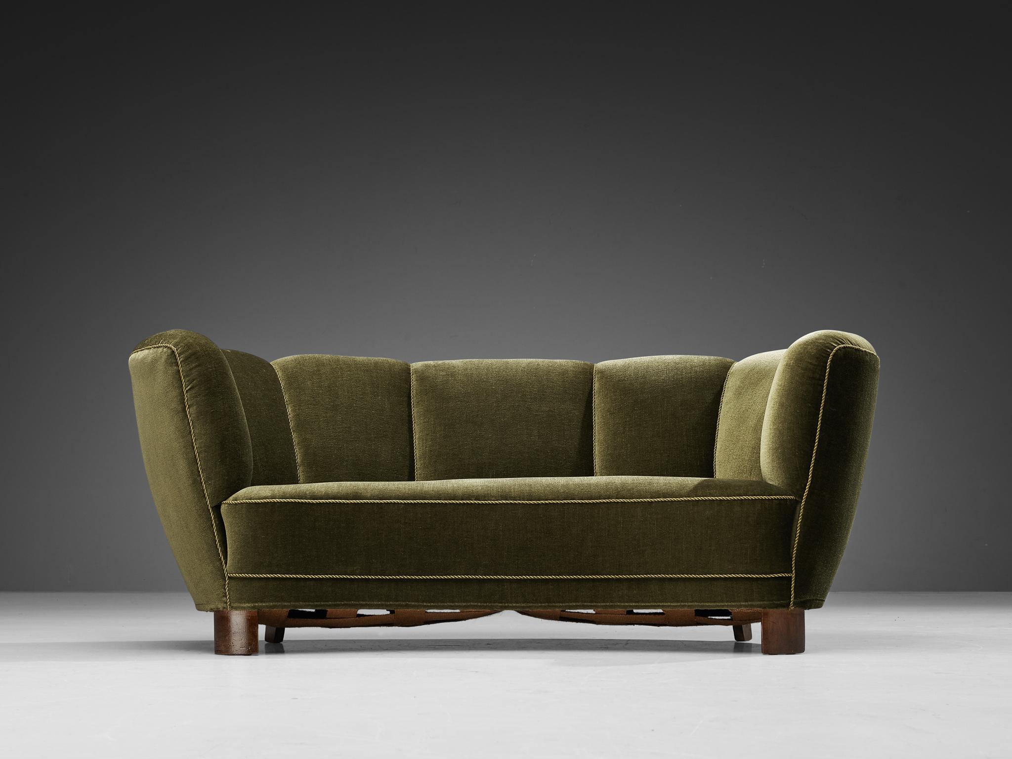 Art Deco Danish Banana Sofa in Green Velvet Upholstery