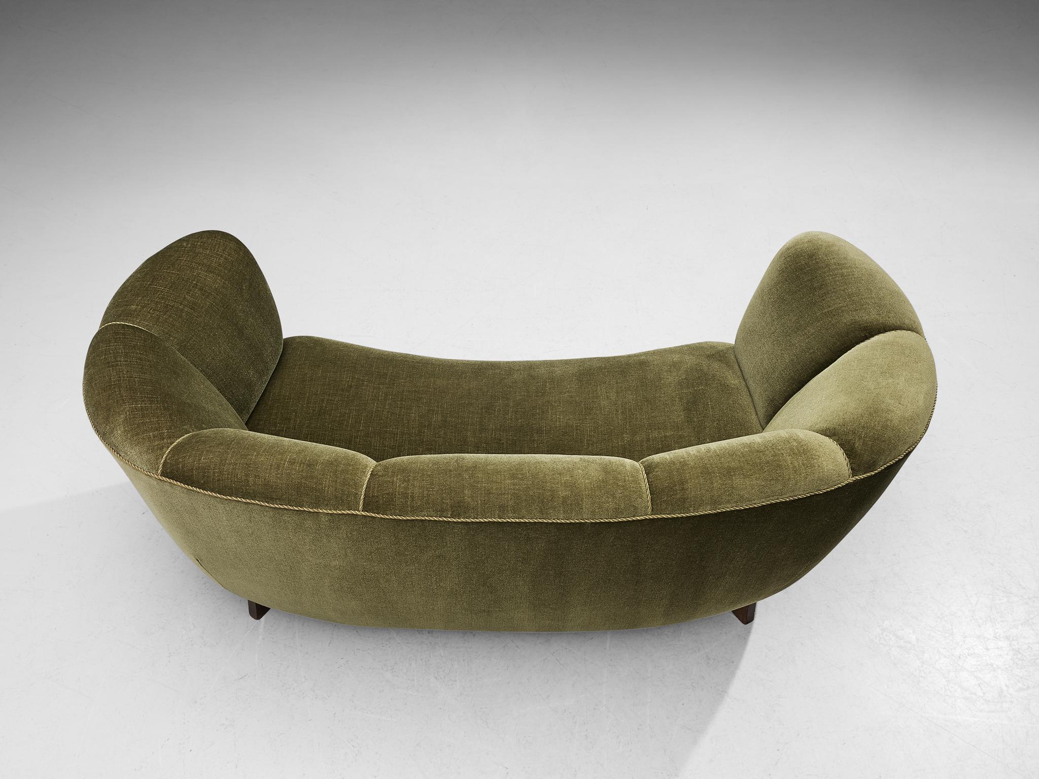 Mid-20th Century Danish Banana Sofa in Green Velvet Upholstery