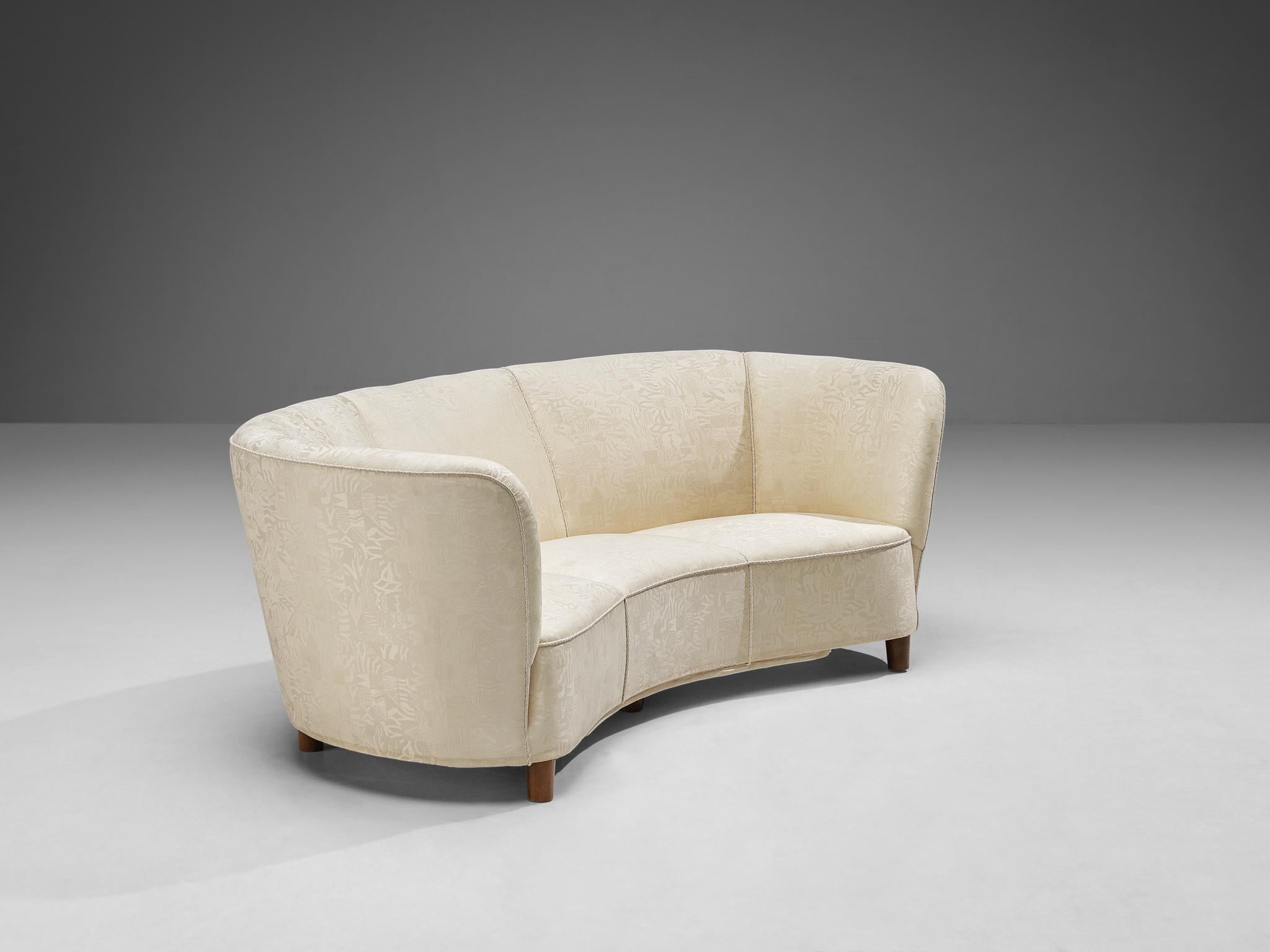 Art Deco Danish Banana Sofa in Patterned Off White Upholstery  For Sale