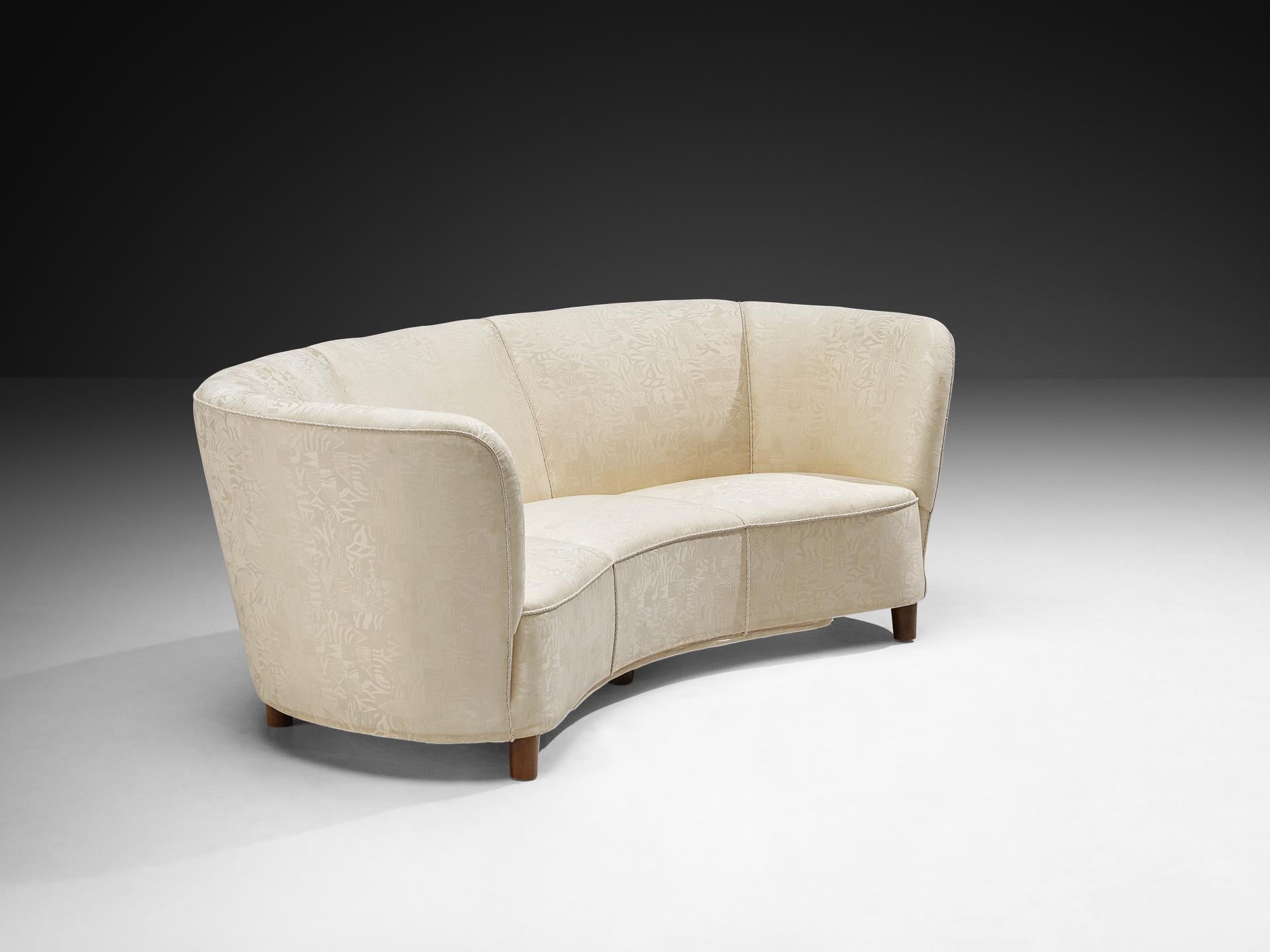 Art Deco Danish Banana Sofa in Patterned Off White Upholstery