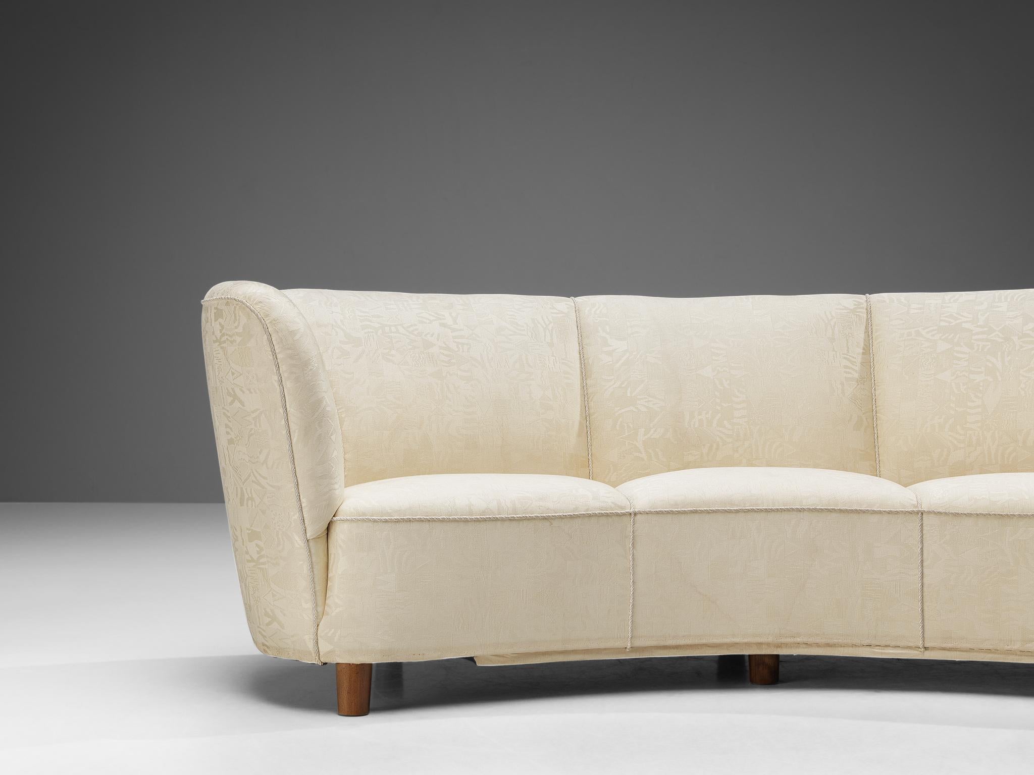 Mid-20th Century Danish Banana Sofa in Patterned Off White Upholstery  For Sale