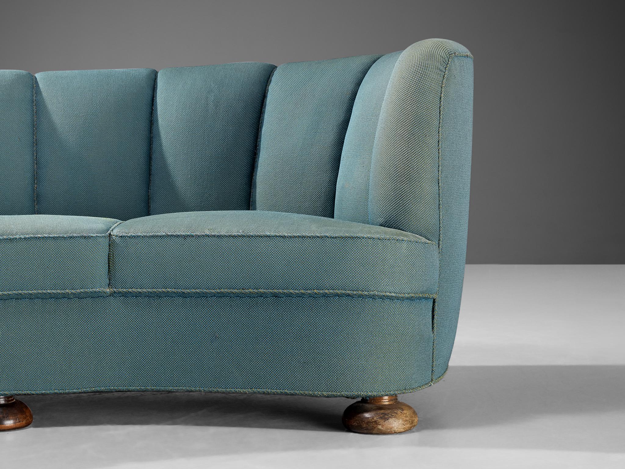 Fabric Danish Banana Sofa in Turquoise Upholstery  For Sale