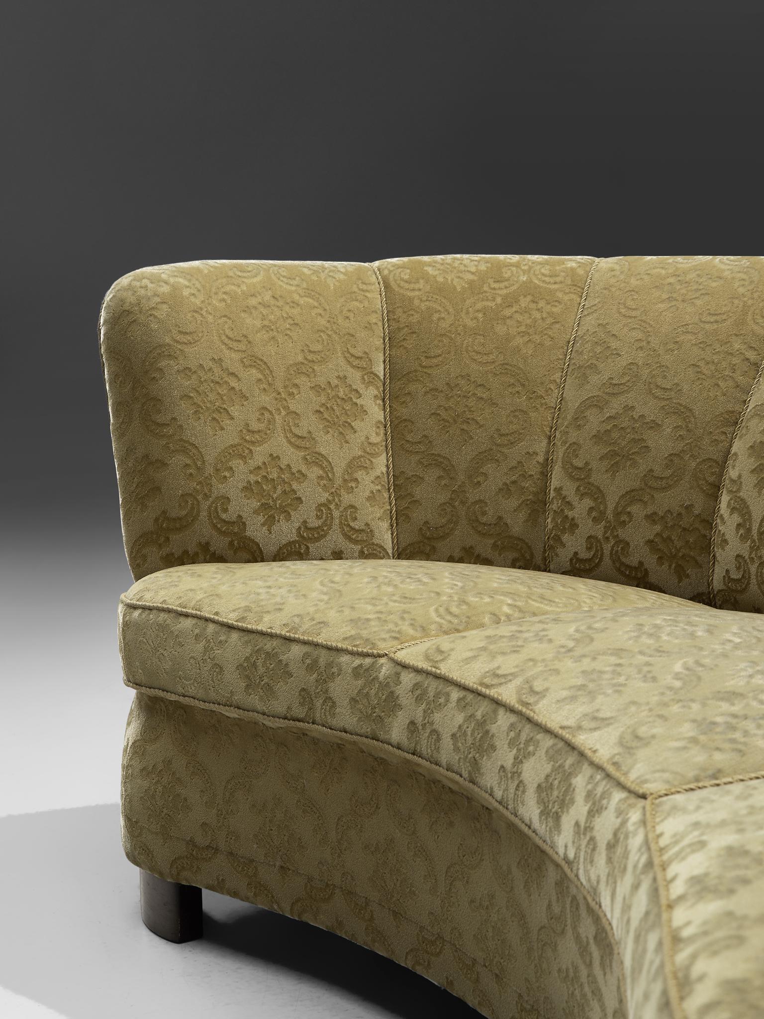 Velvet Danish Banana Sofa with Classic Patterned Upholstery