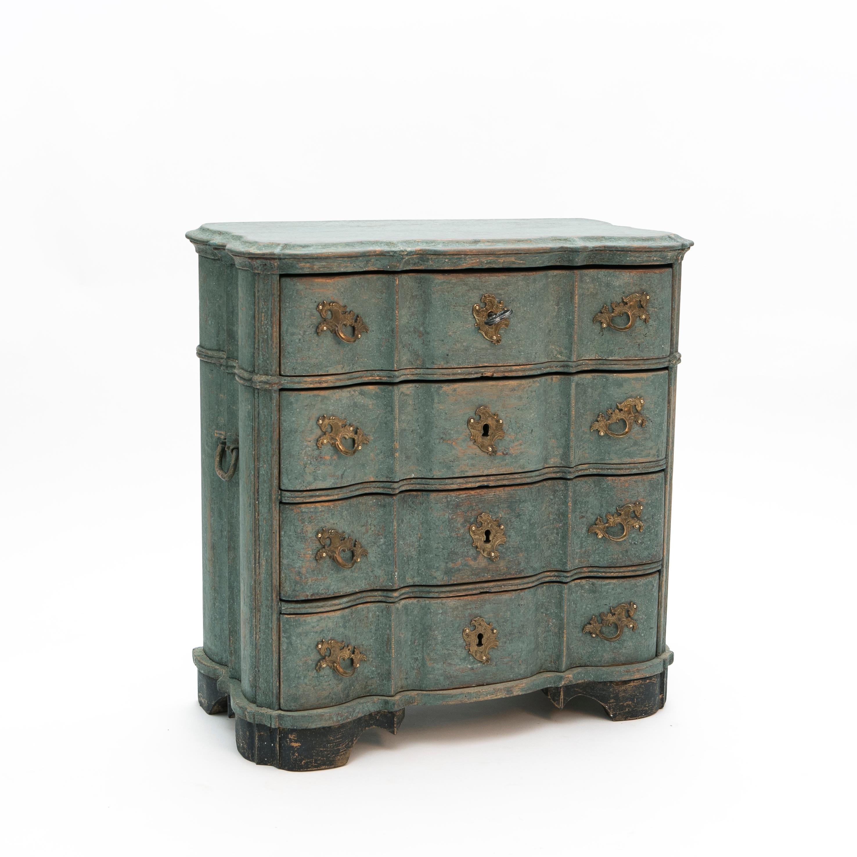 Hand-Painted Danish Baroque Blue Scraped Chest of Drawers