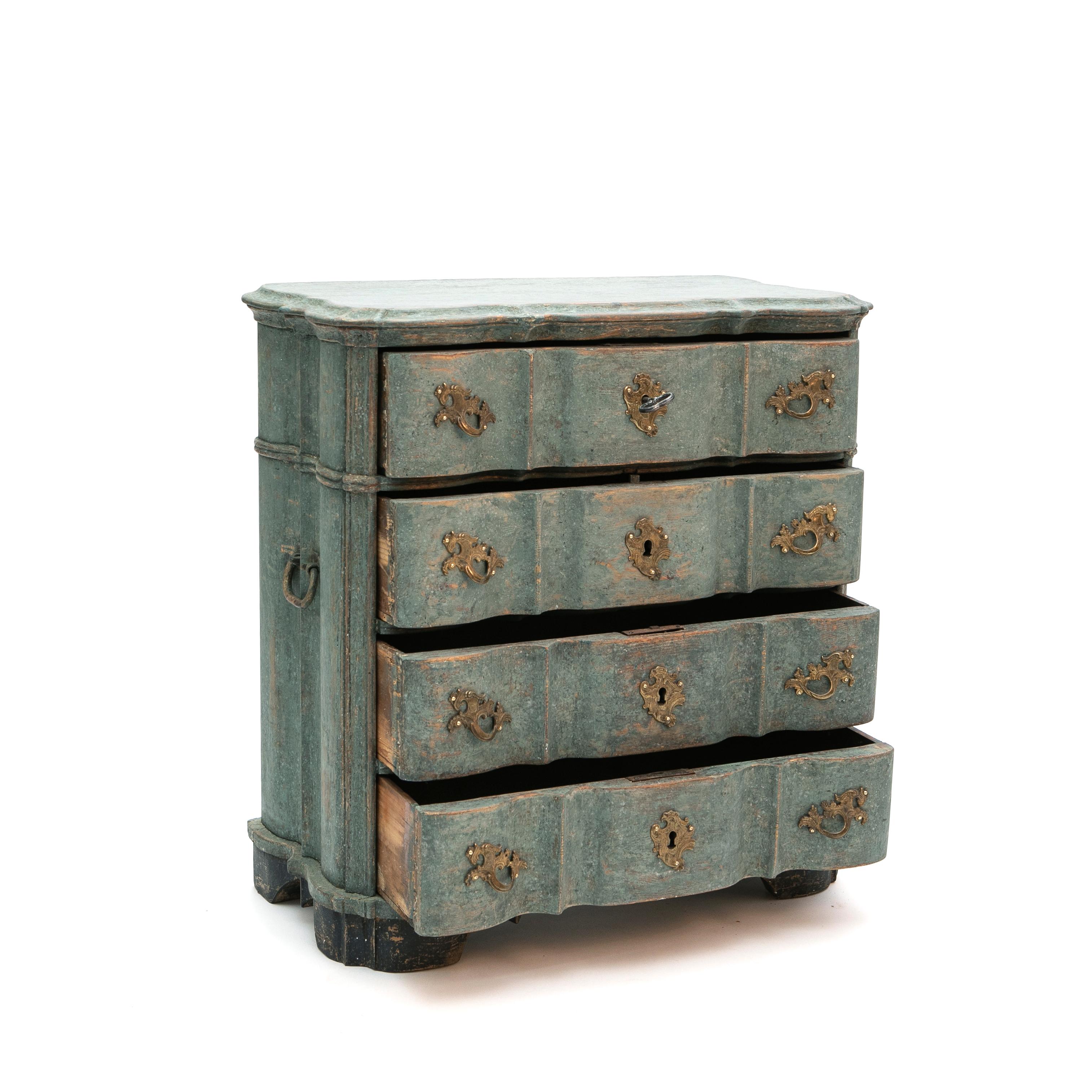 18th Century Danish Baroque Blue Scraped Chest of Drawers For Sale
