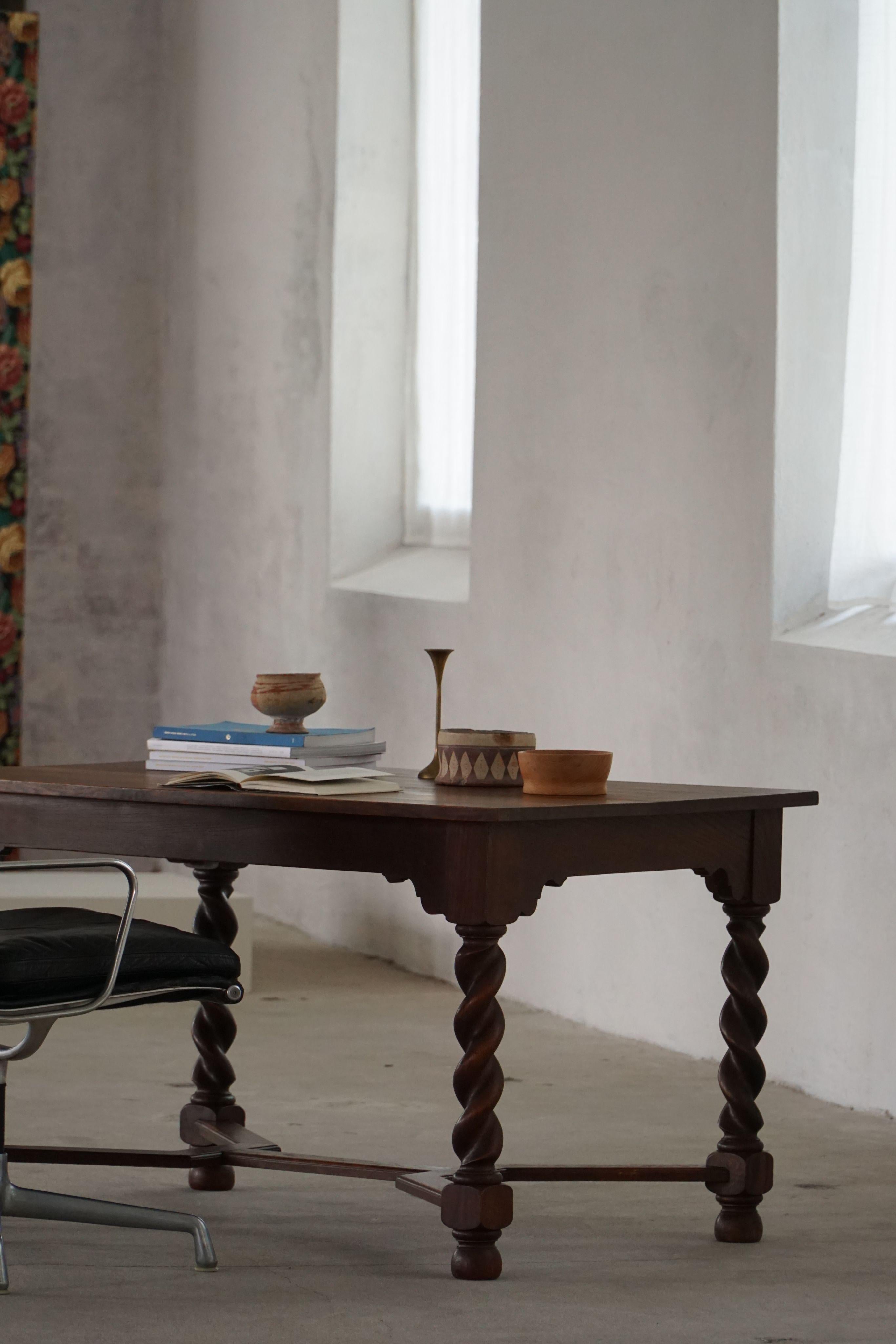 Danish Baroque-Inspired Oak Desk / Dining Table with Barley Twist Legs, 1900s For Sale 1