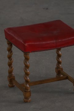 Danish Baroque Oak Barley Twist Stool with Red Leather Seat, Early 20th Century