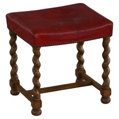 Danish Baroque Oak Barley Twist Stool with Red Leather Seat, Early 20th Century