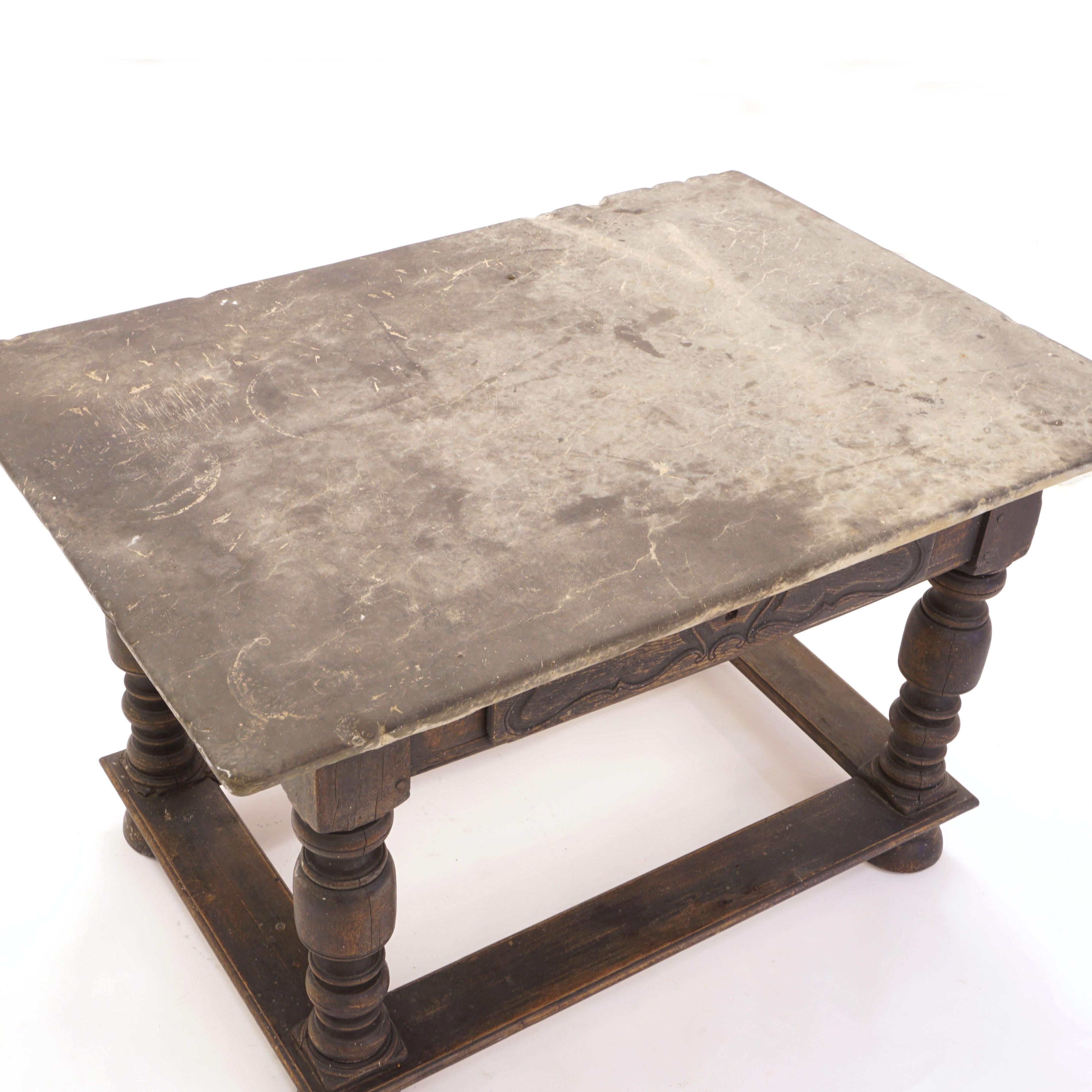 Danish Baroque Stone Table with Grey Stone Top above Black Painted Lower Part In Good Condition In Aabenraa, DK