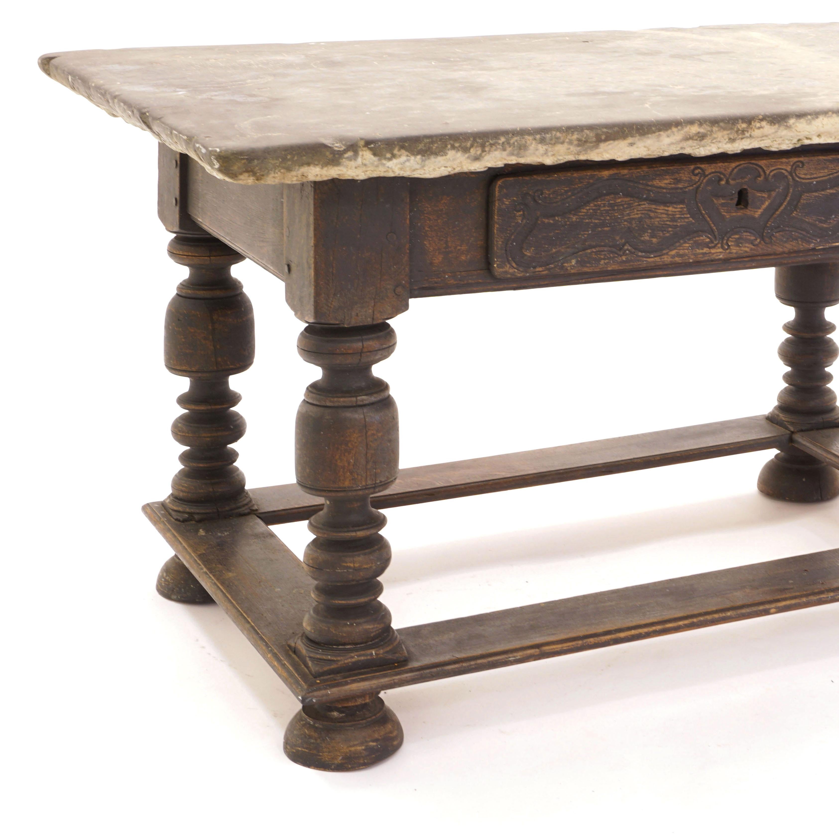 18th Century Danish Baroque Stone Table with Grey Stone Top above Black Painted Lower Part