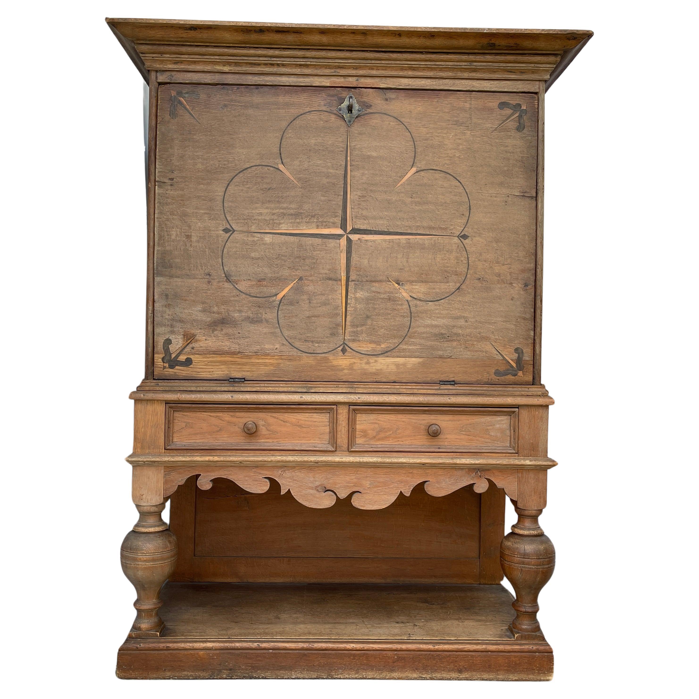 Danish Baroque Writing Cabinet With Nautical Compass Decor, Circa 1740's   For Sale