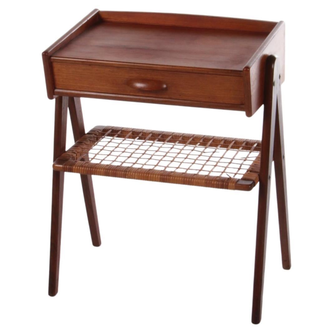 Danish Bedside Table with Rattan Rack and Drawer, 1960s Denmark