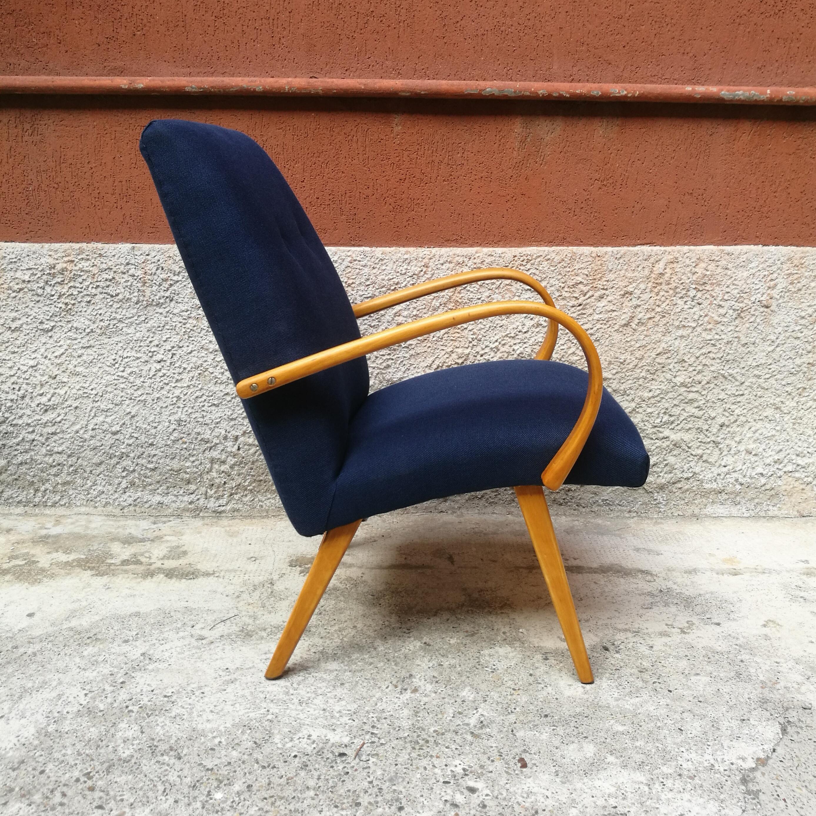 Danish beech and blue cotton, restored armchair, 1960s
Armchair with armrests covered in blue jeans cotton with beech structure
Fully restored, perfect conditions.