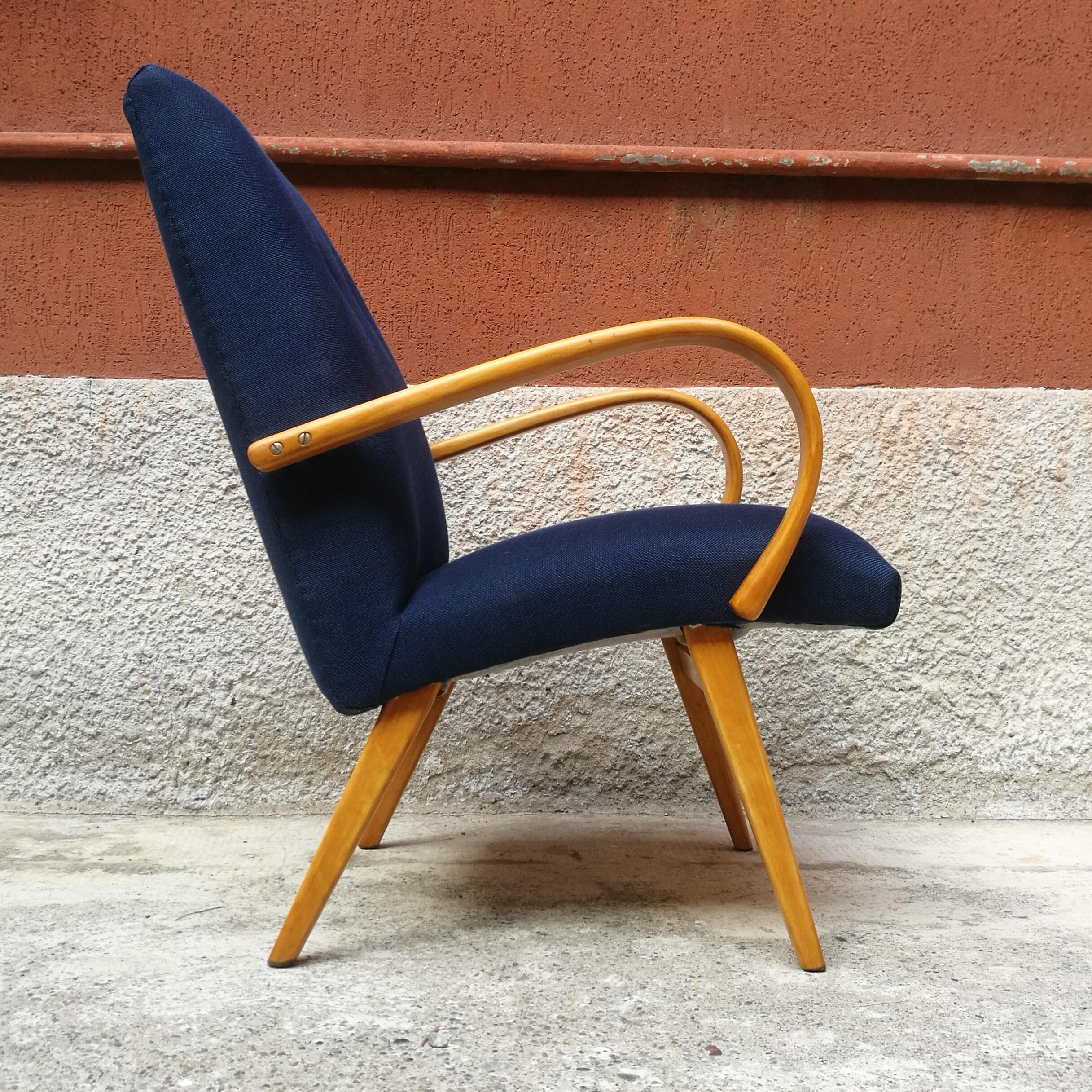 Mid-Century Modern Danish Beech and Blue Cotton, Restored Armchair, 1960s