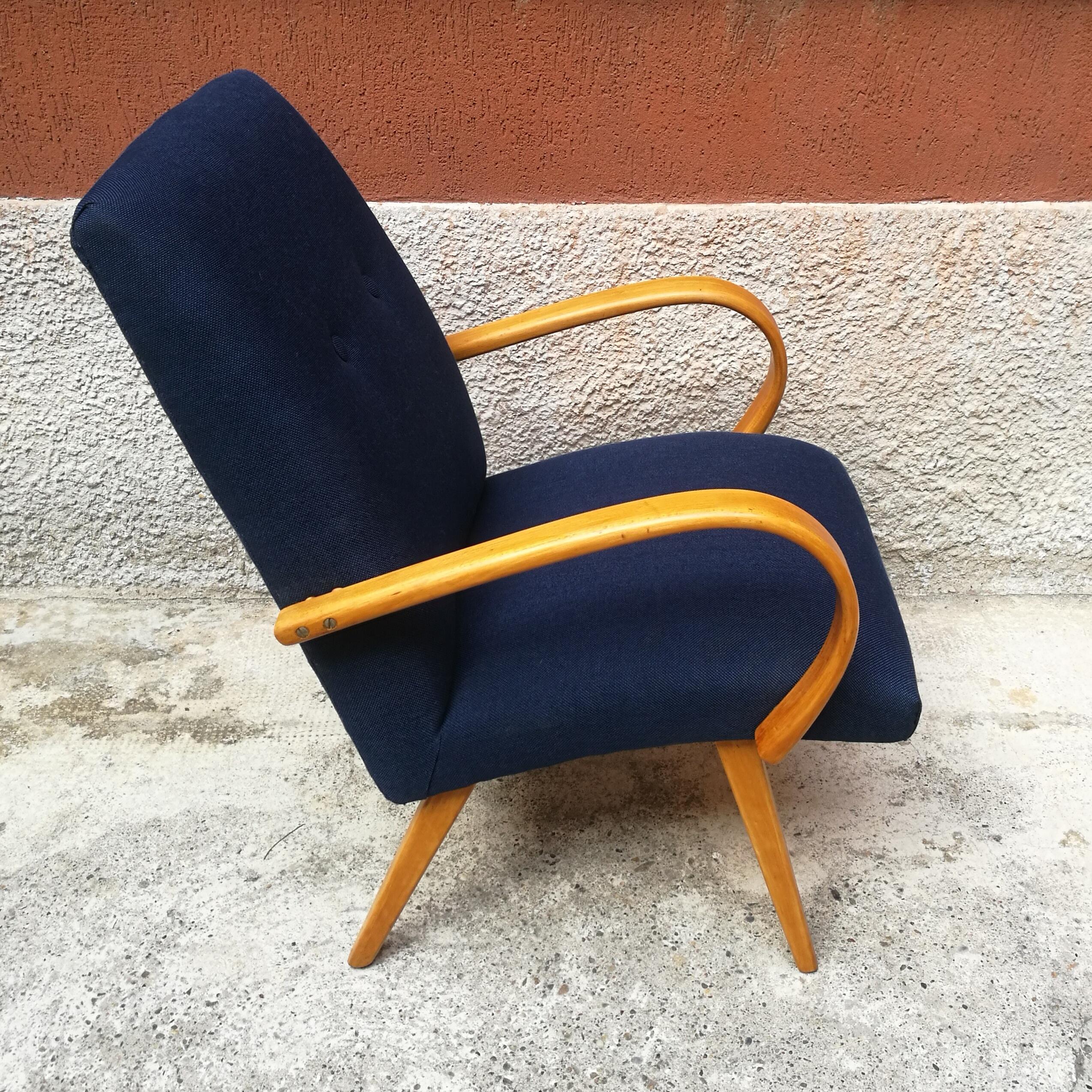 Danish Beech and Blue Cotton, Restored Armchair, 1960s In Excellent Condition In MIlano, IT