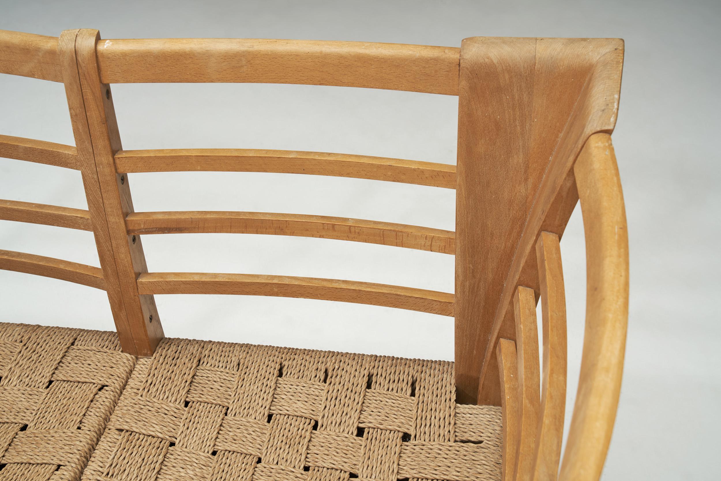 Papercord Danish Beech Wood Corner Bench with Woven Paper cord Seat, Denmark, 1940s