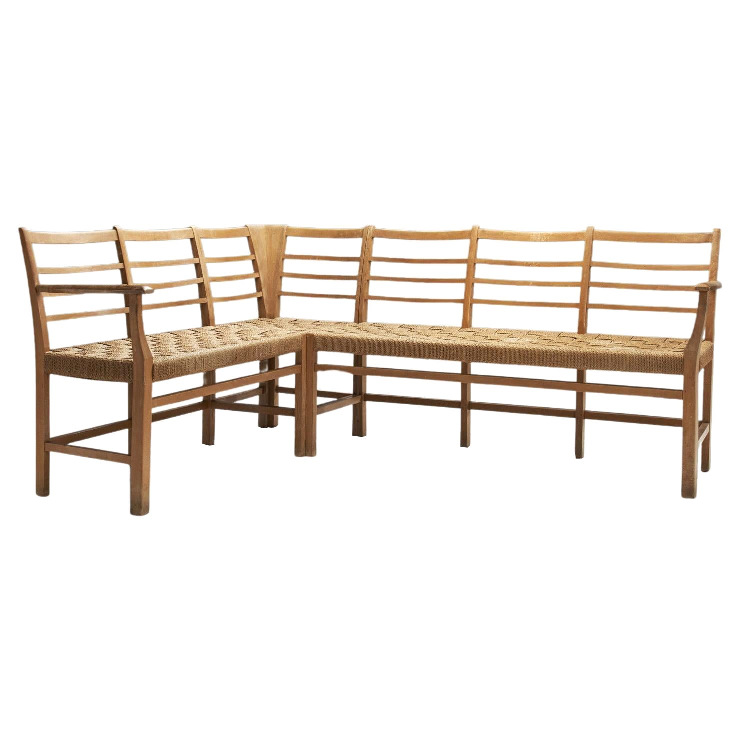 Danish Beech Wood Corner Bench with Woven Paper cord Seat, Denmark, 1940s