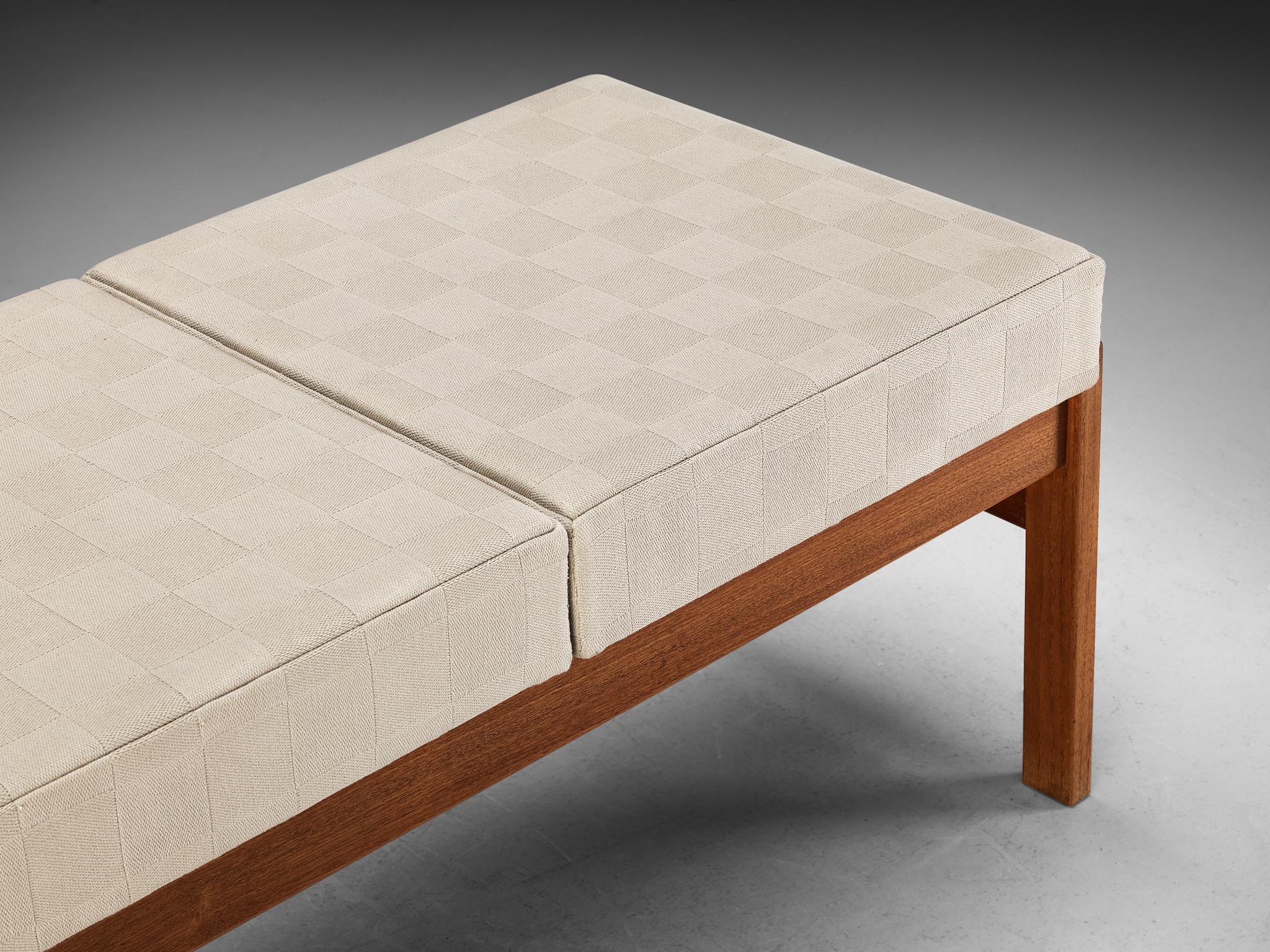 Scandinavian Modern Danish Bench in Teak and Checkered Off-White Upholstery 