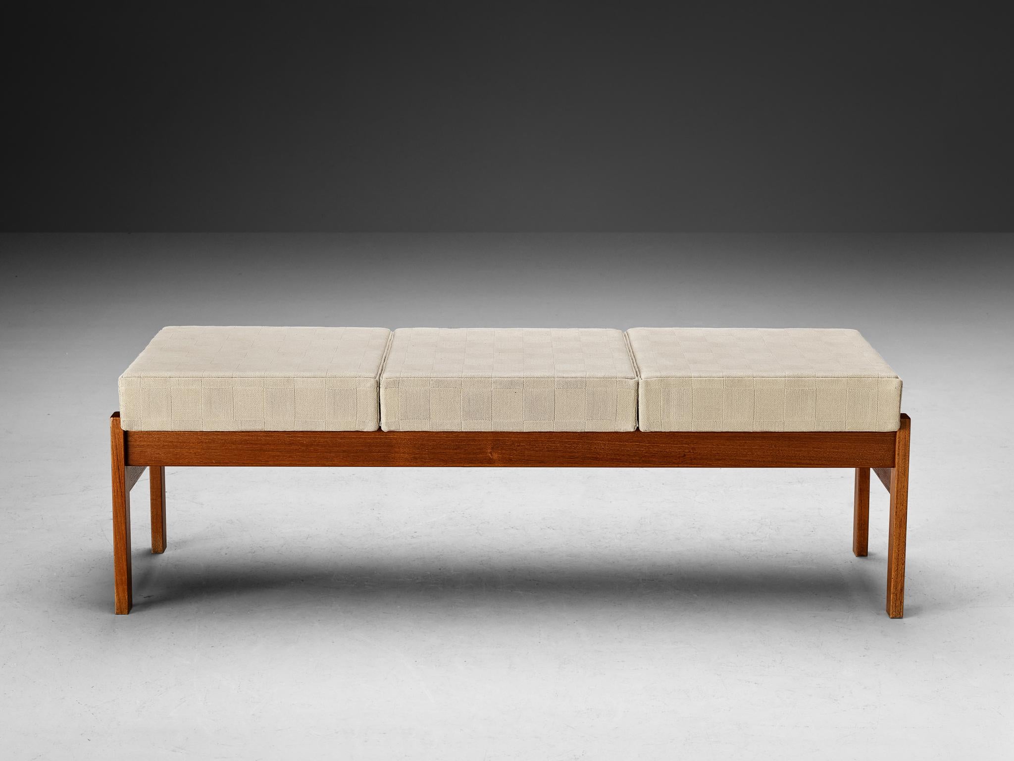 Mid-20th Century Danish Bench in Teak and Checkered Off-White Upholstery 