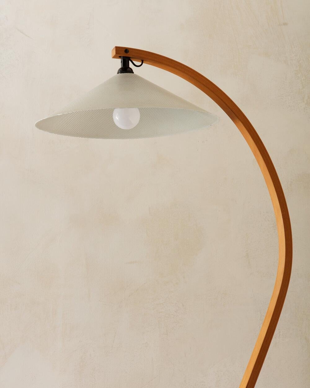Danish Bentwood Lamp by Caprani with White Perforated Metal Shade In Excellent Condition In Chicago, IL