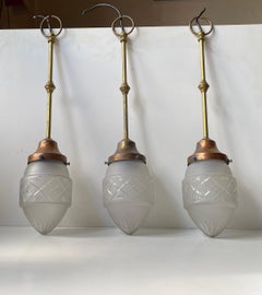 Danish Bespoke Art Deco Grenade Pendant Lights in Copper & Etched Glass, 1920s