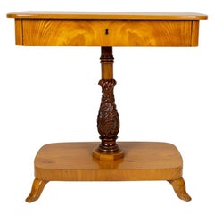 Antique Danish Biedermeier Elm Occasional Table with Carved Base and Drawer