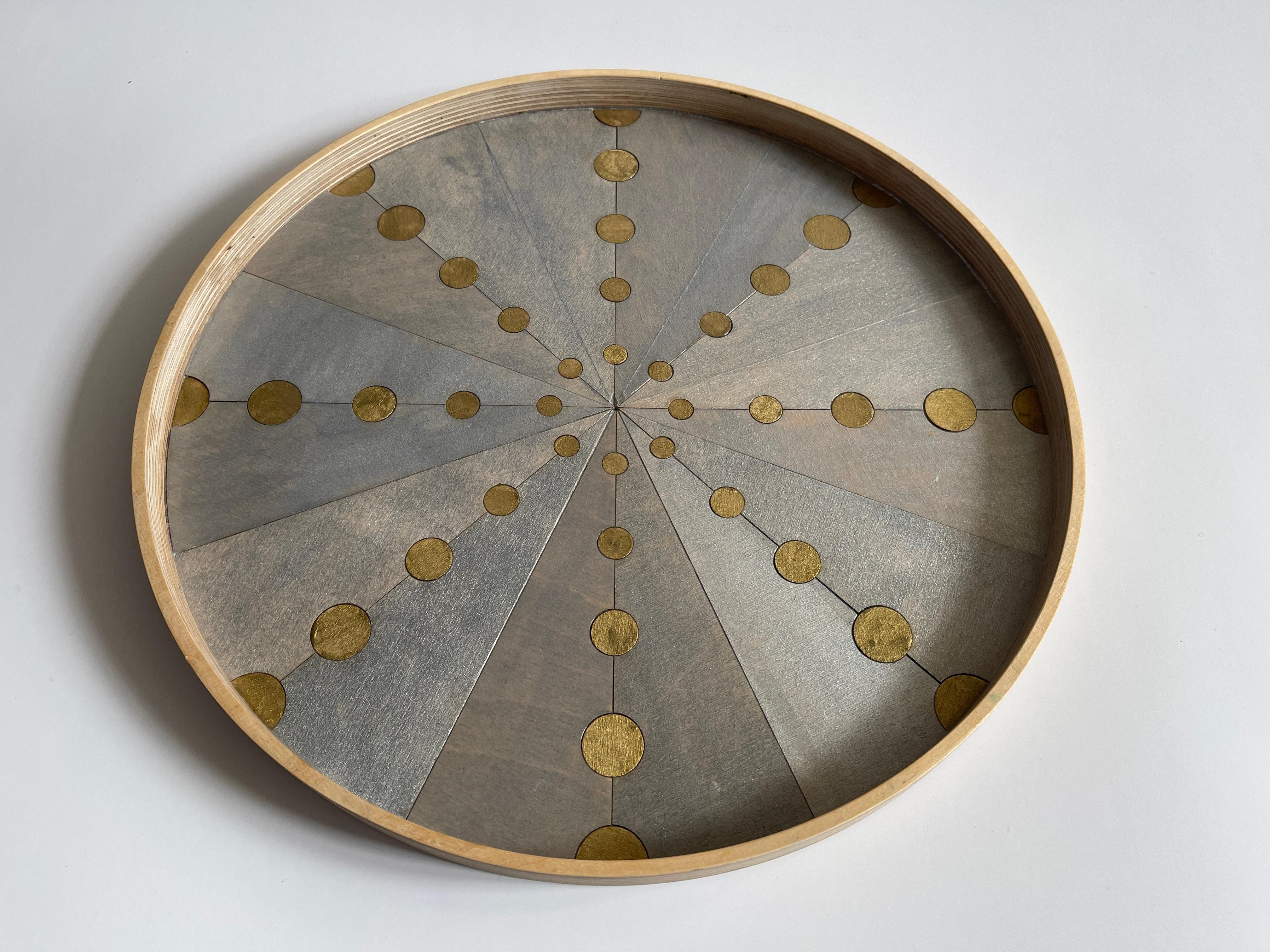 Hand cut birch wood marquetry round serving tray with hand painted metallic silver and gold 