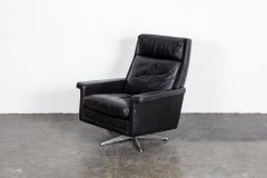 Danish Black Leather 1950s Tall Back Swivel Chair