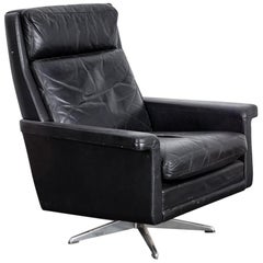 Danish Black Leather 1950s Tall Back Swivel Chair